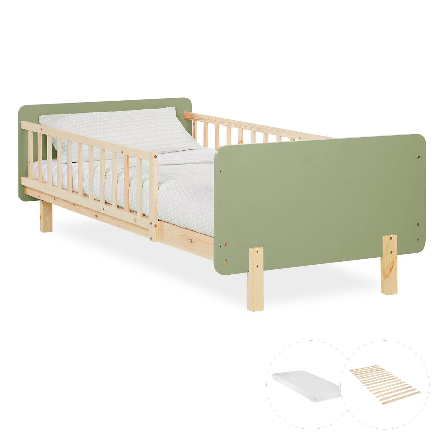 Cadre de lit 90x200 cm avec Matelas Lit enfant Vert Lit en bois Pin Massif Lit simple Lit à barreaux Sommier à lattes Lit bébé