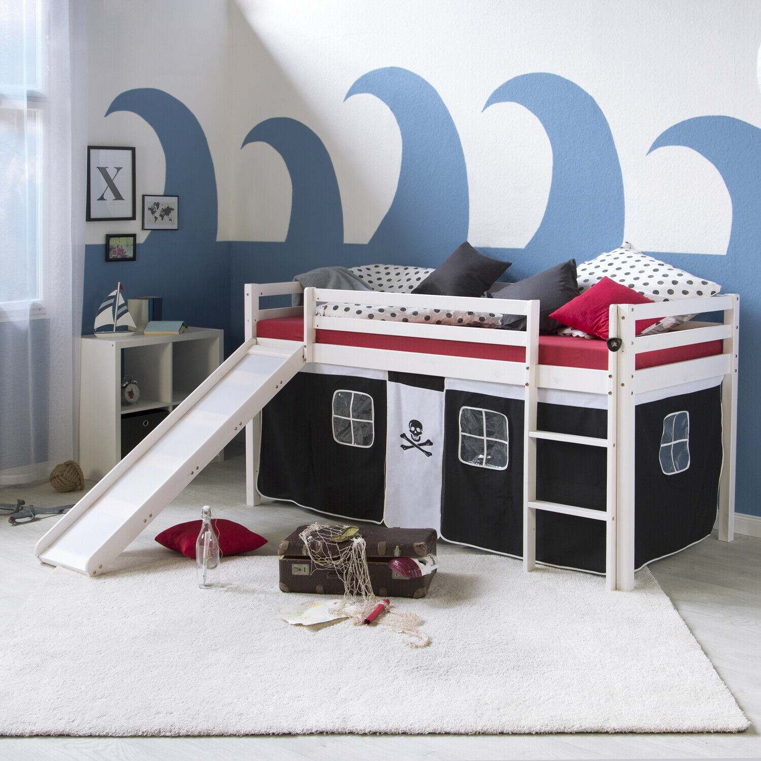 Loft Bed Kids 90x200 cm White with Curtain in Black | Slide | without Slatted Frame Loft Bed Kids 90x200 cm White with Curtain in Black | Slide | without Slatted Frame
