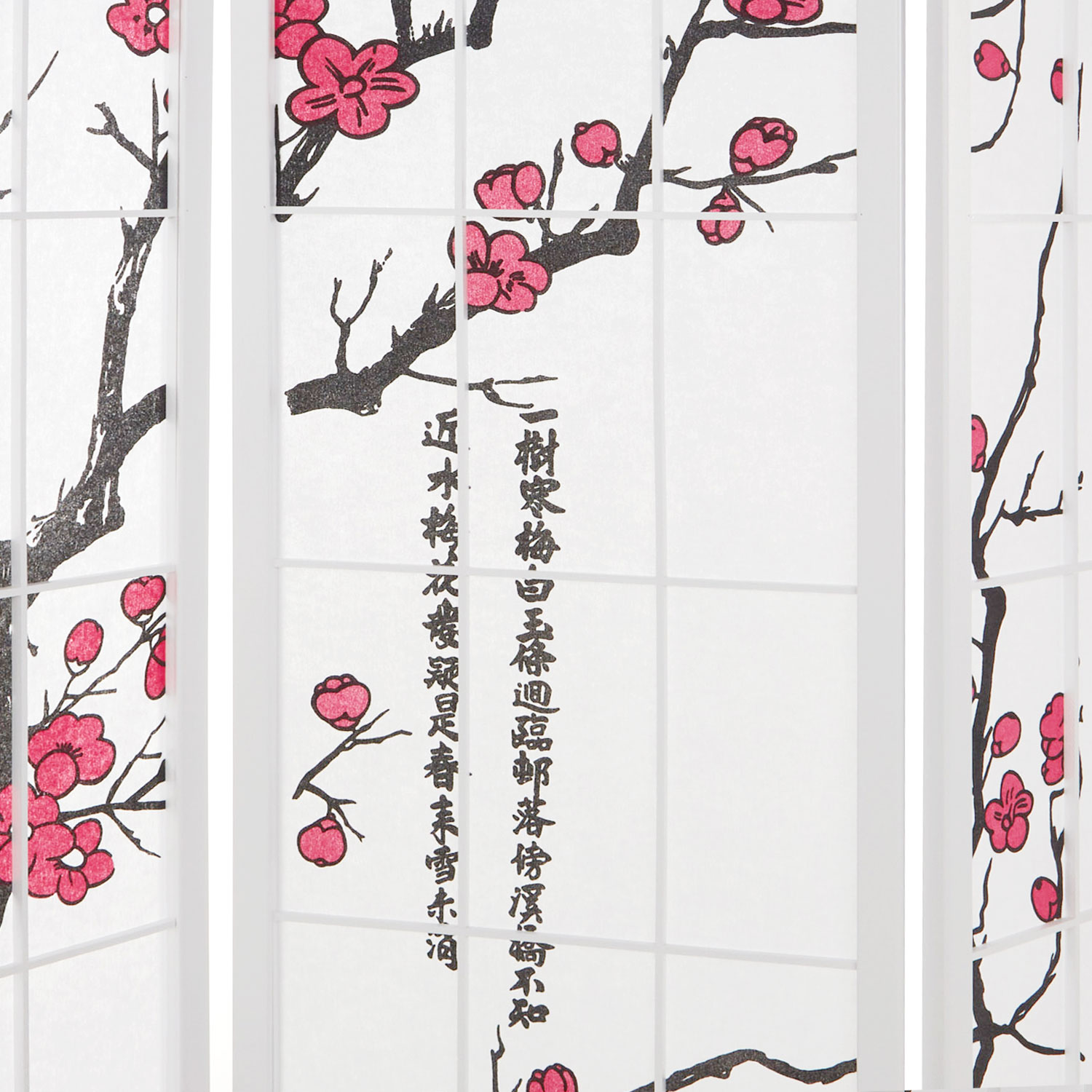 Screen room divider, 6 parts, wood rice paper white, cherry pattern, height 179 cm