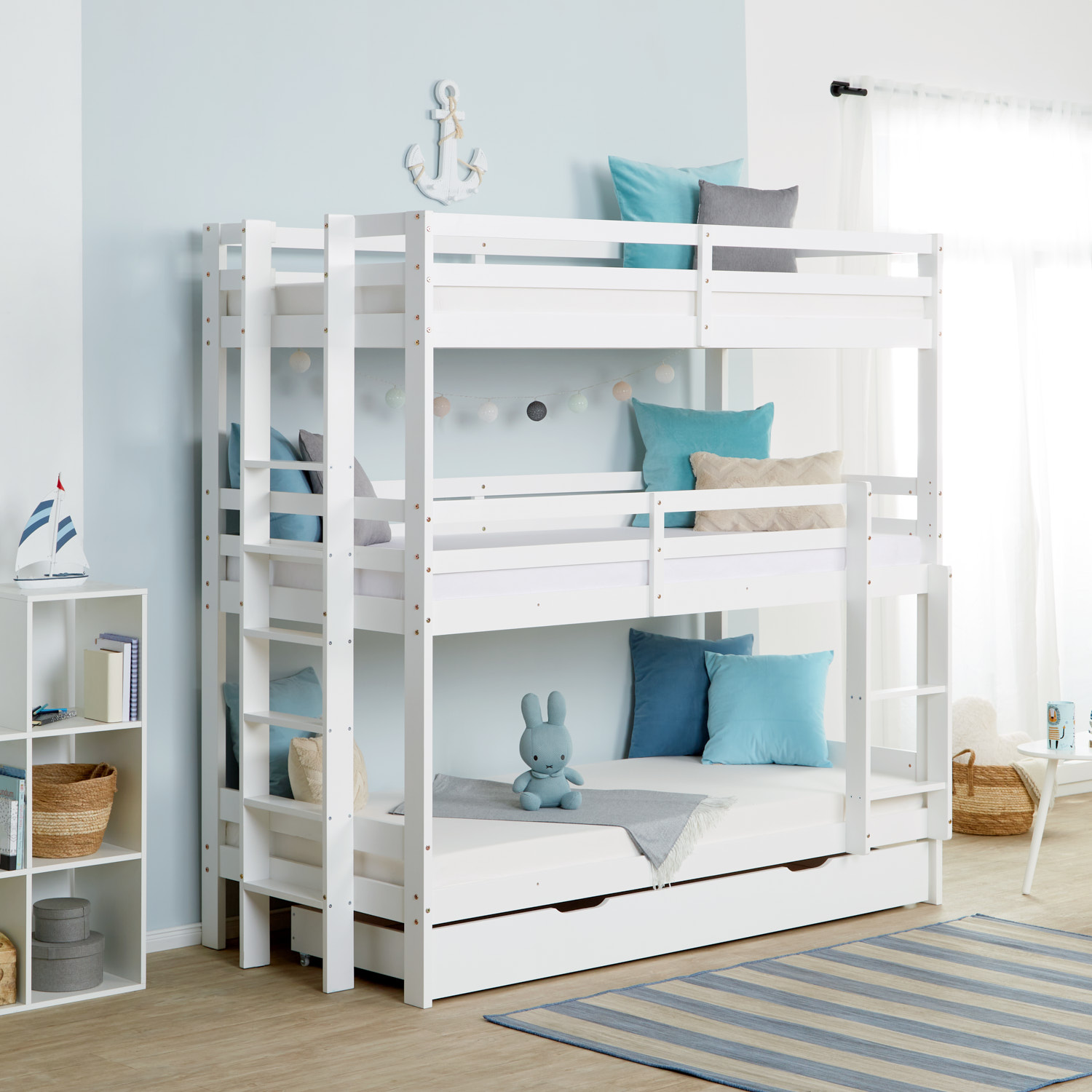 Bunk Bed 3 Levels 90x200 cm White | Ladders White | with Slatted Frame | with Bed Drawer