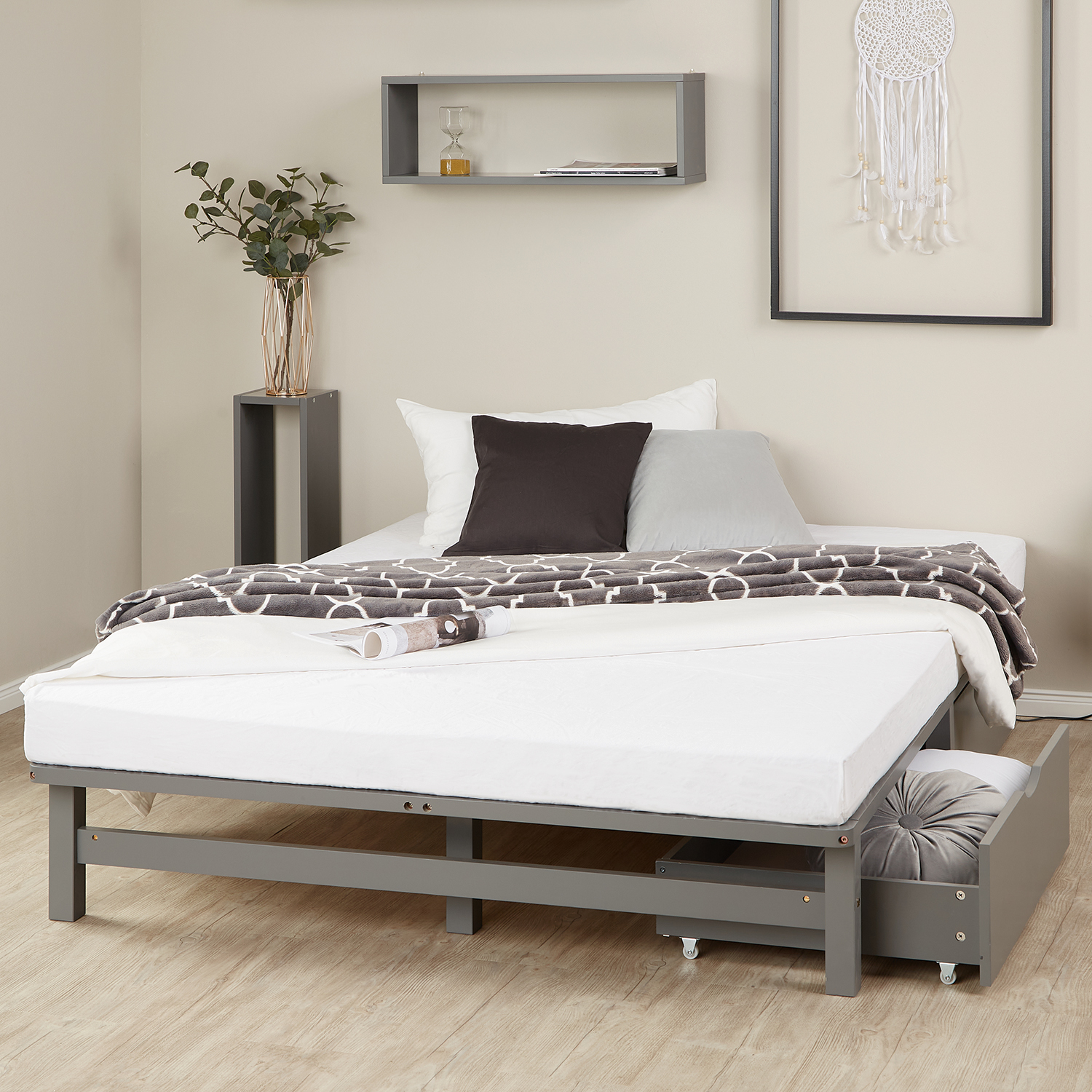 Pallet Bed 140x200 cm Grey | Double Bed with Storage Drawers | with Mattress | Wood | Kids Youth Guest Bedroom