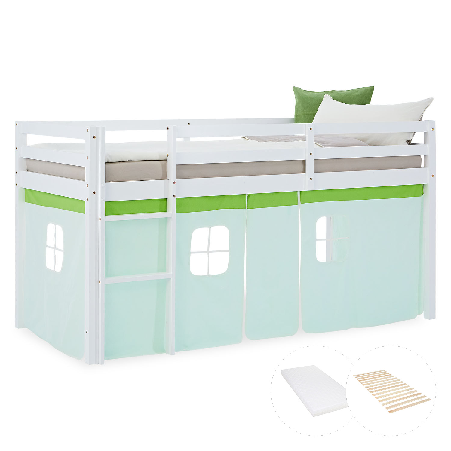 Loft Bed for Kids 90x200 cm White with Curtain in Green | with Slatted Frame and Mattress