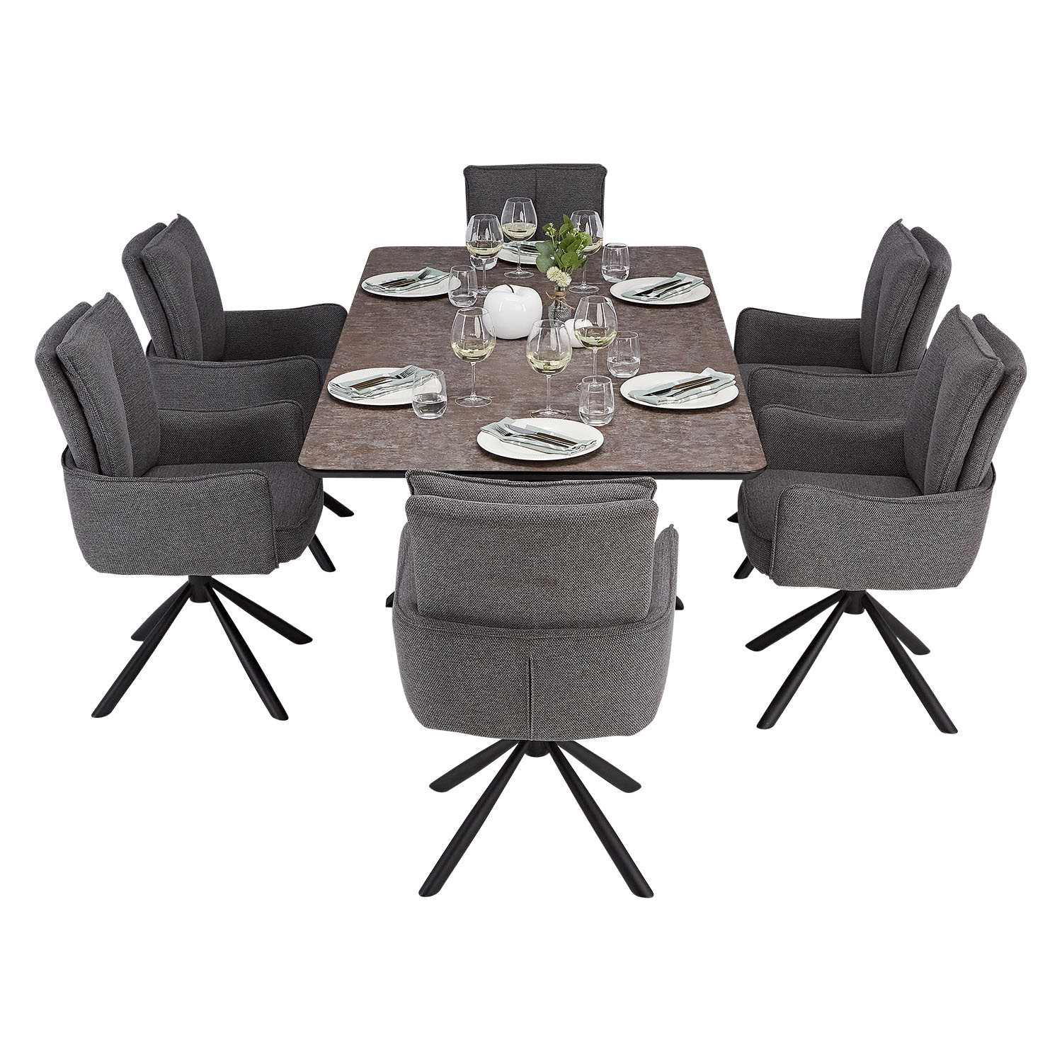 Modern Dining Table 200x100 cm Brown Black with 6 Dark Grey Fabric Chairs Dining Room Table 8 Seater Industrial Look