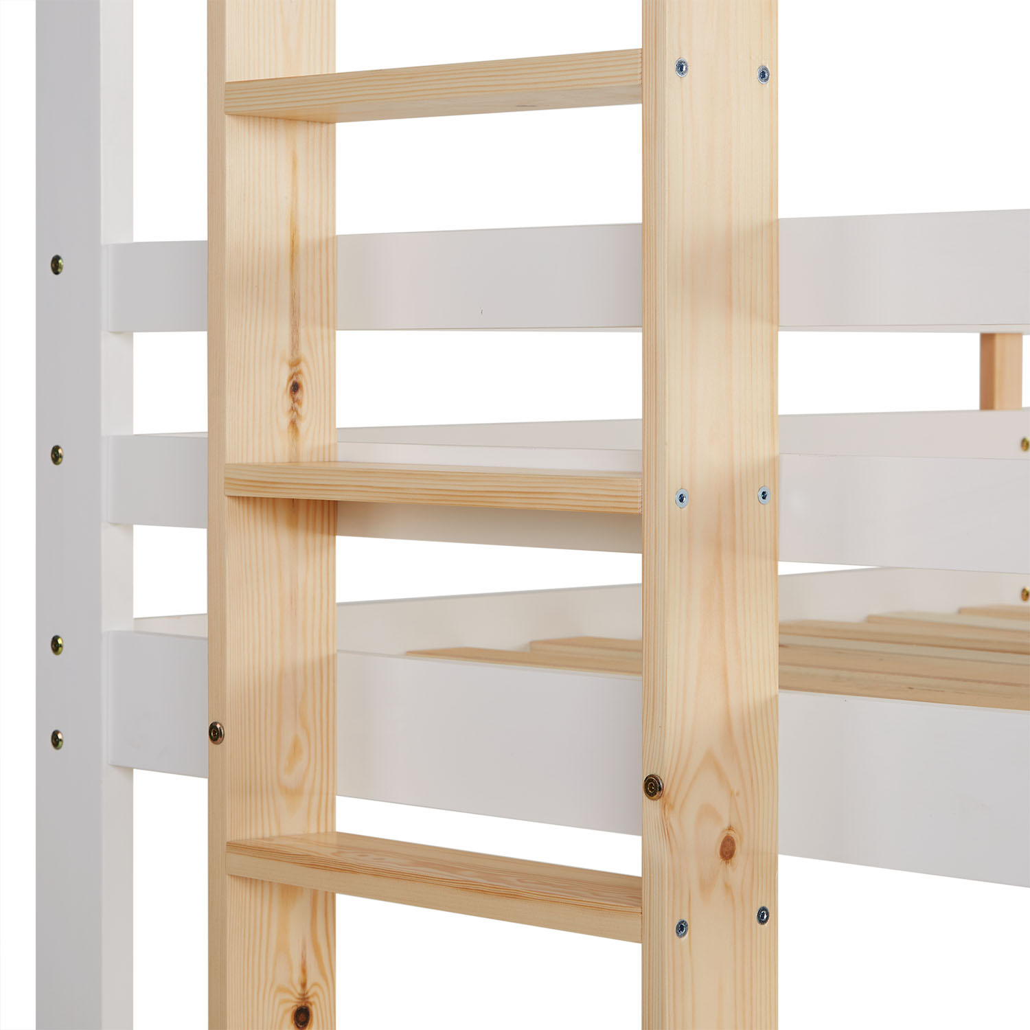 Bunk Bed 3 Levels 90x200 cm White | Ladders Natural | with Bed Drawer | with Slatted Frame