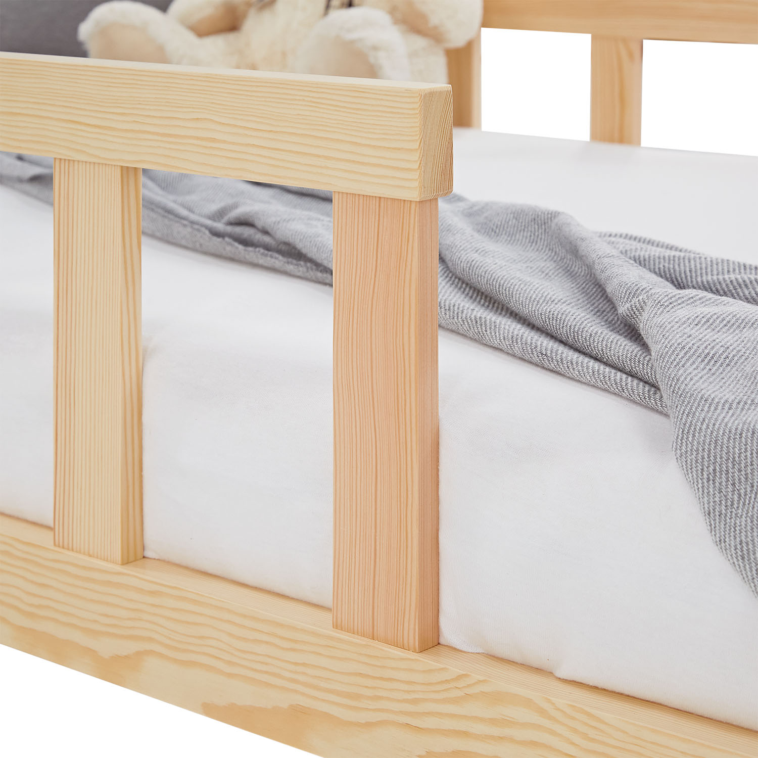 Children's Bed 90x200 Natural | Floor Bed with Slatted Frame | with Fall Protection | Montessori