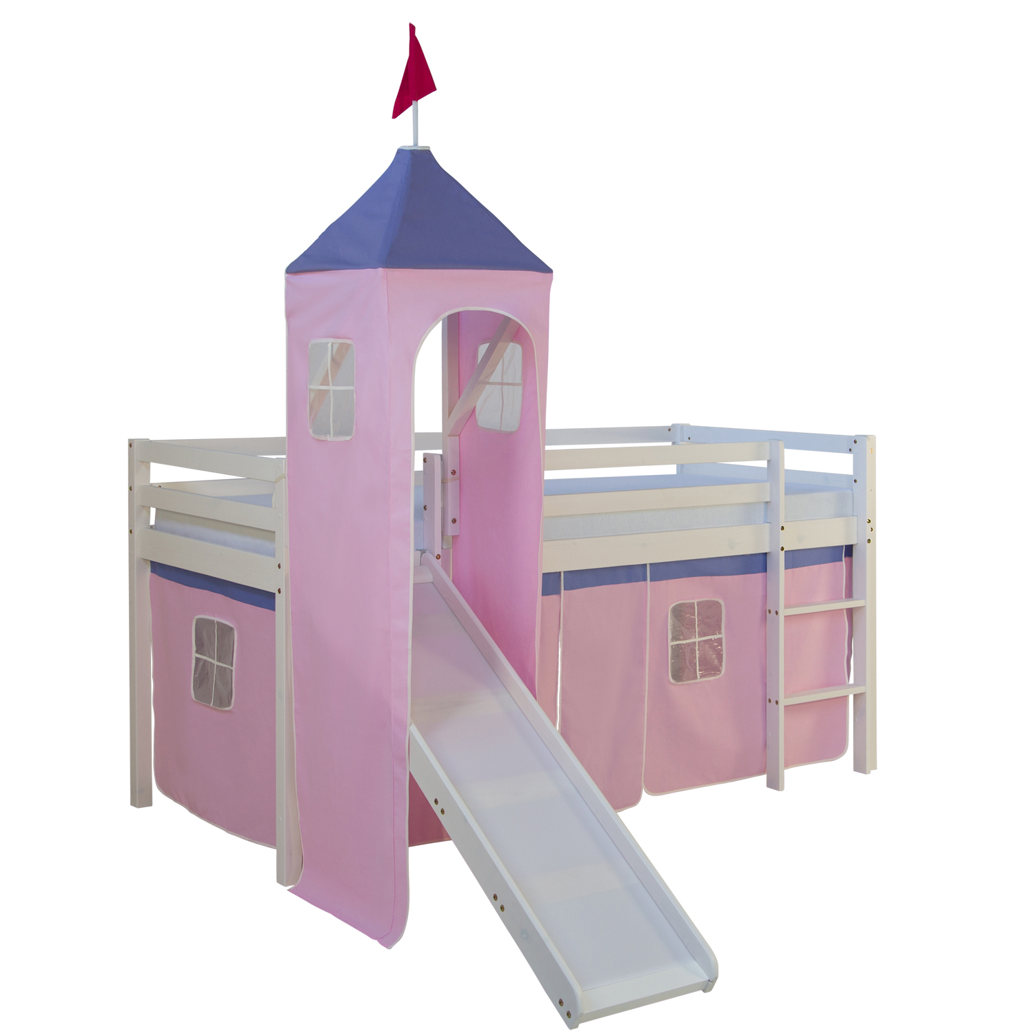 Loft Bed Kids 90x200 cm White with Curtain in Pink | Tower | Slide | without Slatted Frame Loft Bed Kids 90x200 cm White with Curtain in Pink | Tower | Slide | without Slatted Frame