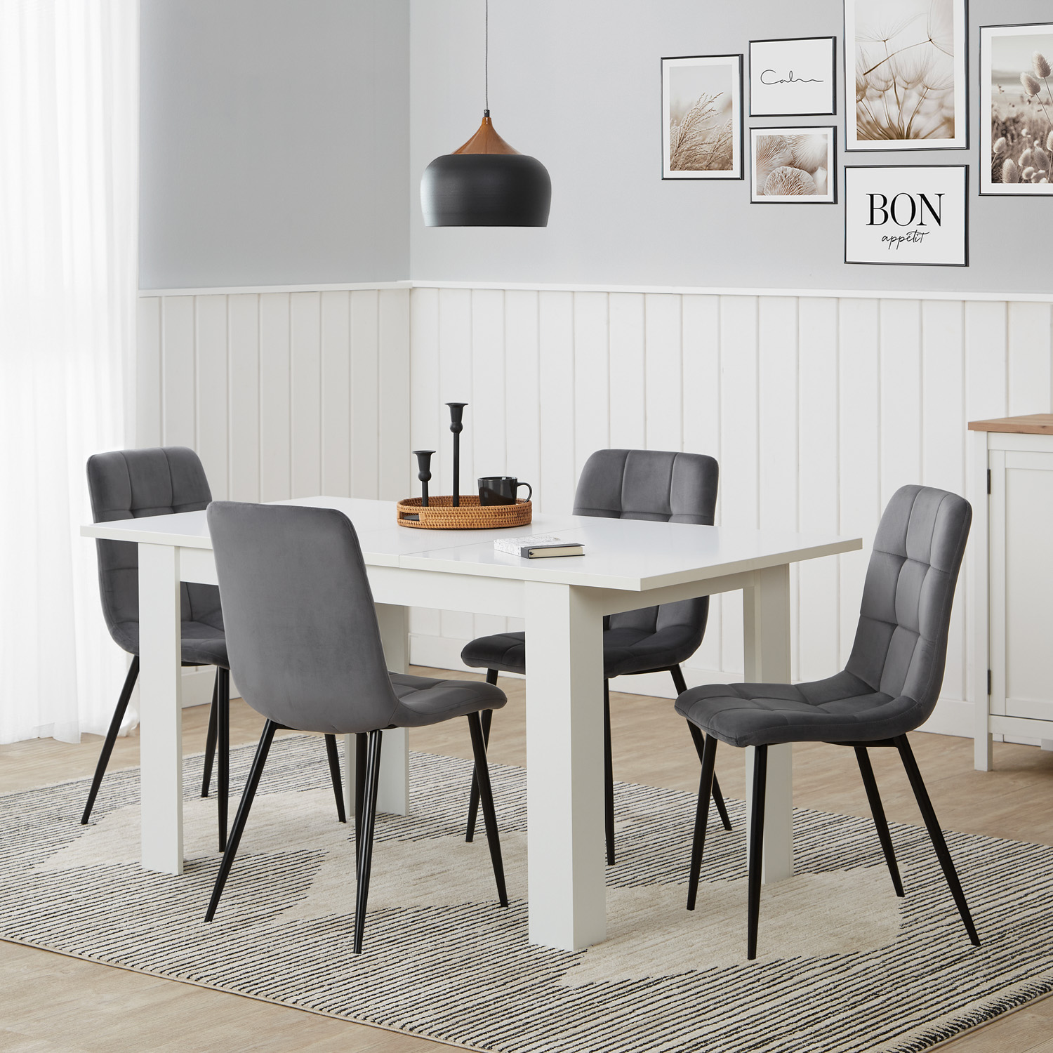 Dining set | 4-piece set upholstered chairs grey velvet without armrest | dining table white 120 x 80 cm | extendable 153 cm