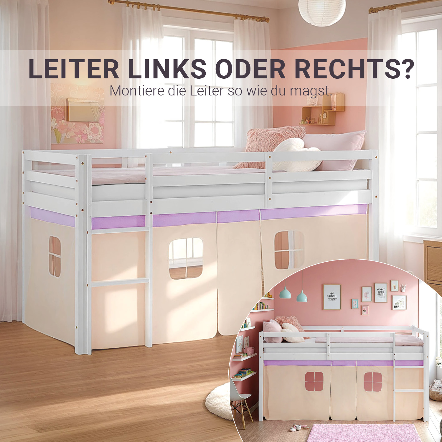 Hochbett Kinder 90x200 cm Weiß mit Vorhang in Lila Beige | ohne Lattenrost