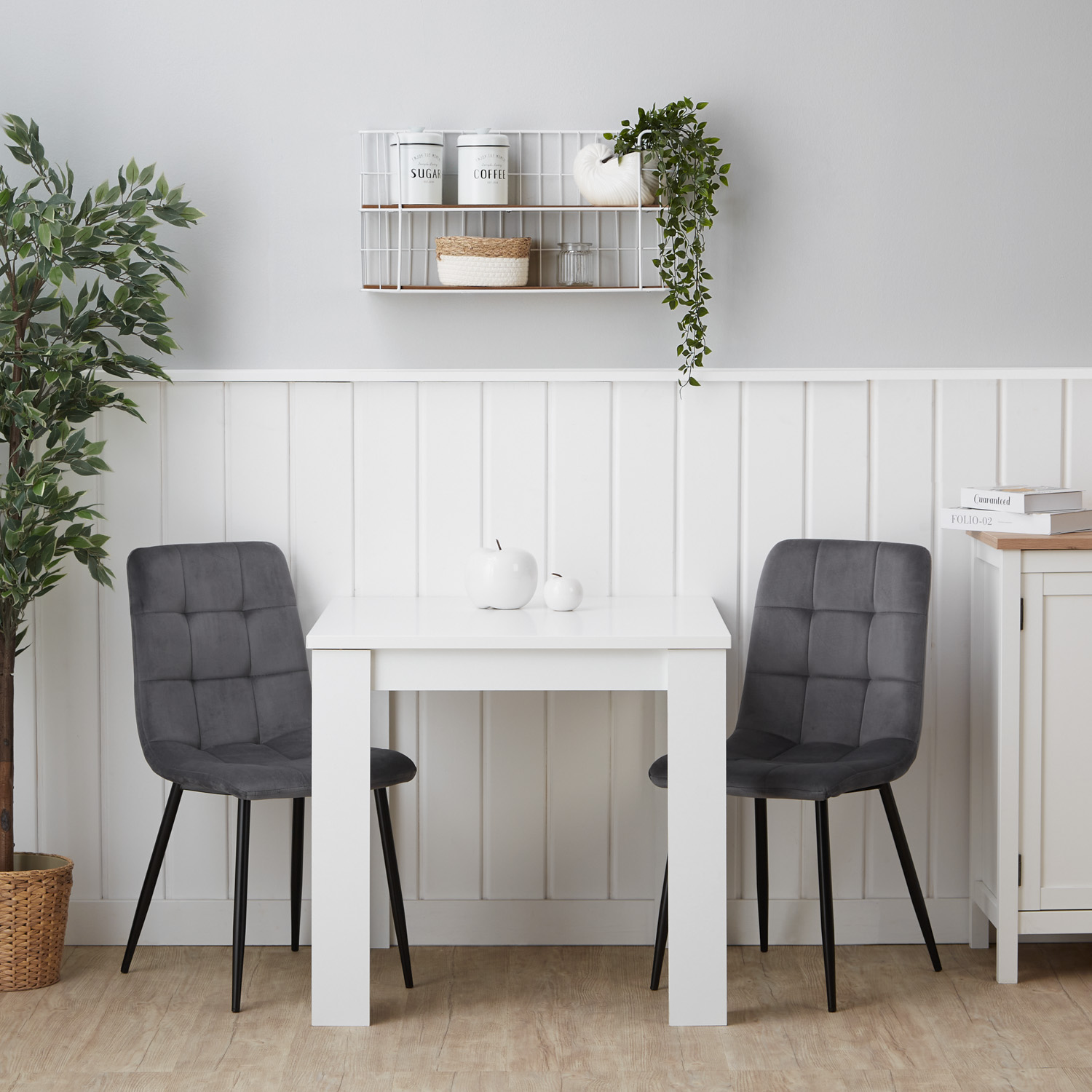 Modern Dining Table White 80x80 cm with 2 Chairs Grey Velvet Dining Room Table Wooden Table