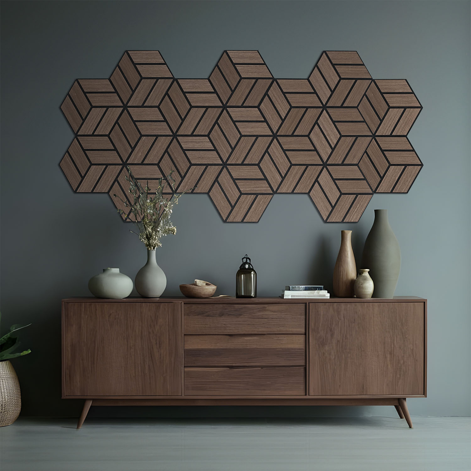 Acoustic Panels Wall Panels Hexagon Honeycomb 30 x 26 cm Brown Walnut | Wood | 4-piece Set | 3D Akustikpaneele Holz 30 x 26 cm Braun Grau Natur Paneele Hexagon Wandpaneele 3D Wandpaneel Wandverkleidung Dekorpaneel
