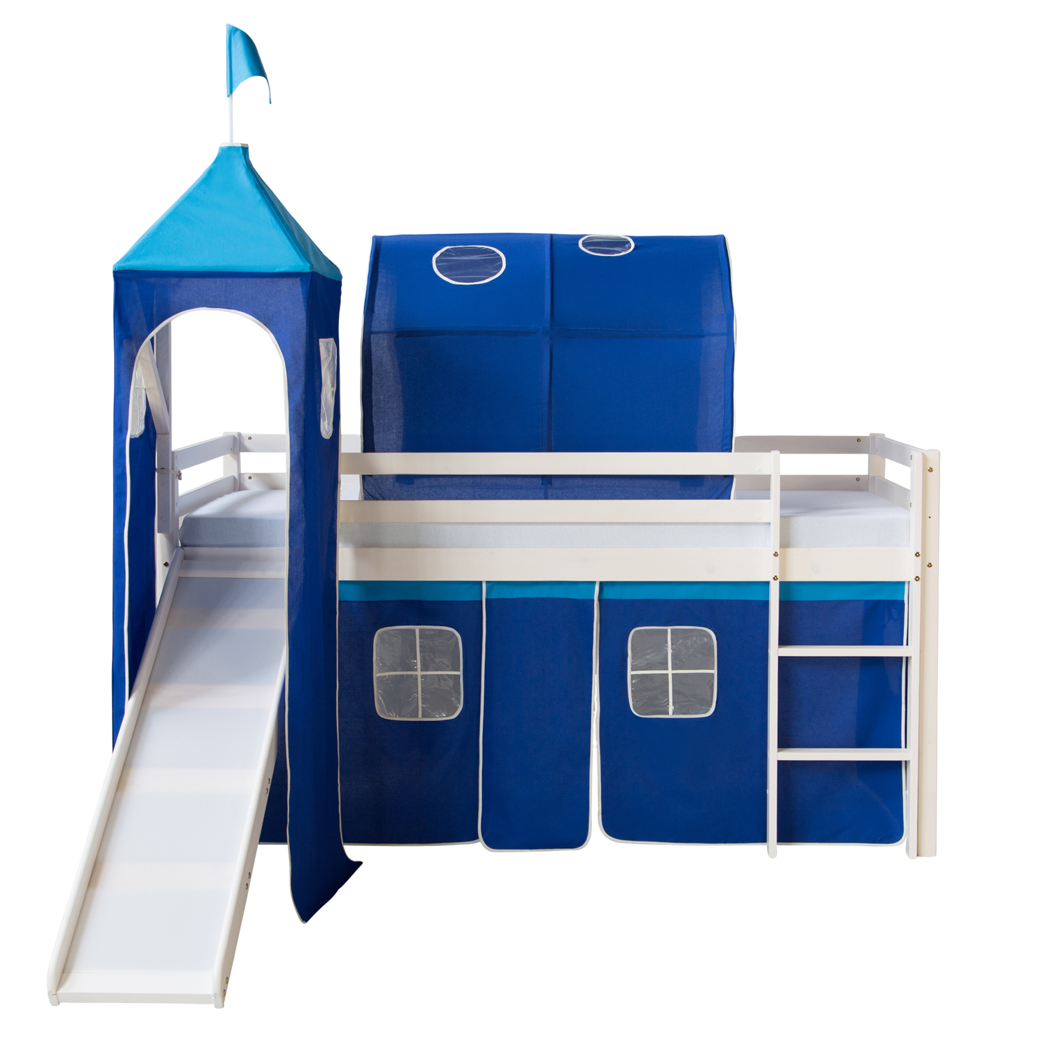 Loft Bed Kids 90x200 cm White with Curtain Blue | Tunnel | Tower | Slide | without Slatted Frame Loftbed 90x200 cm with Tower Tunnel Slide Mattress Bunk bed Childrens bed Solid Pine Wood Slats Curtain Blue