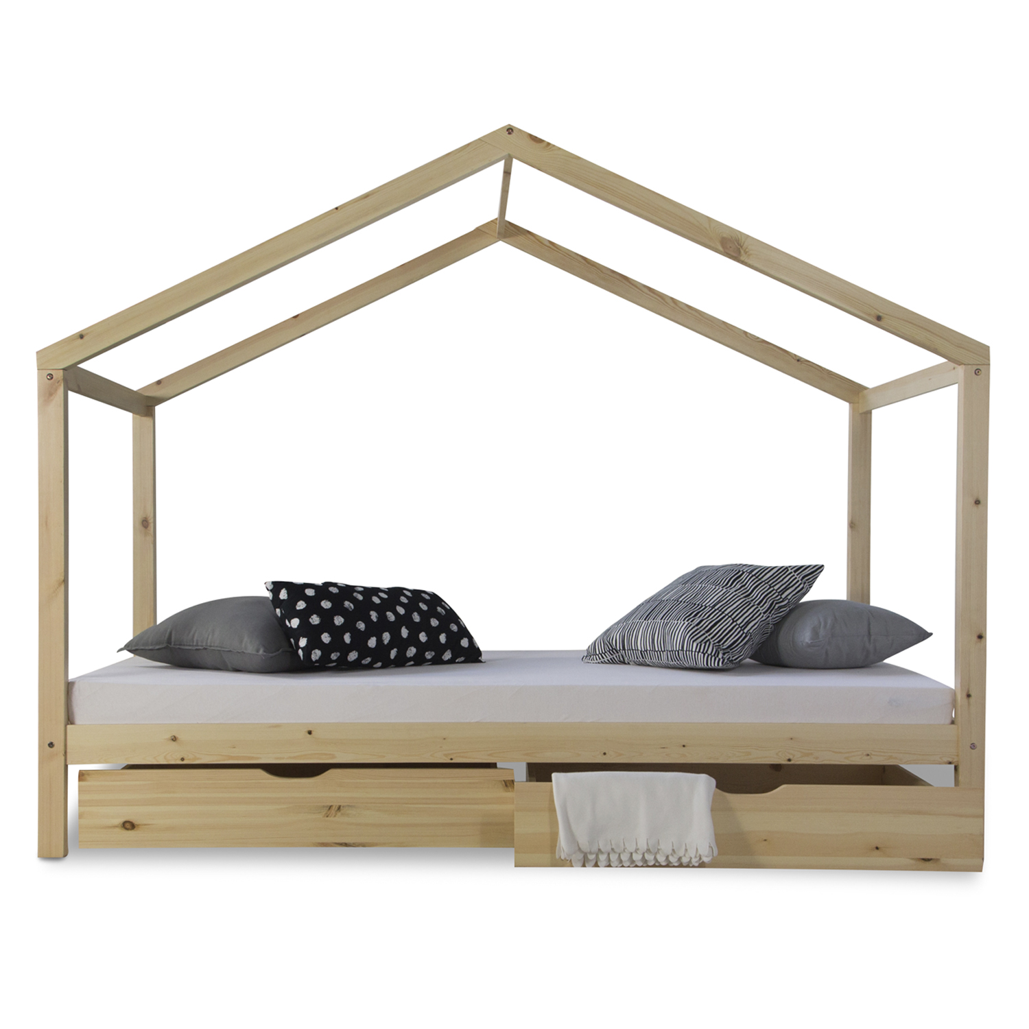 Kinderbett 90x200 cm Natur | Hausbett mit Bettkästen | Einzelbett | mit Lattenrost | Holz