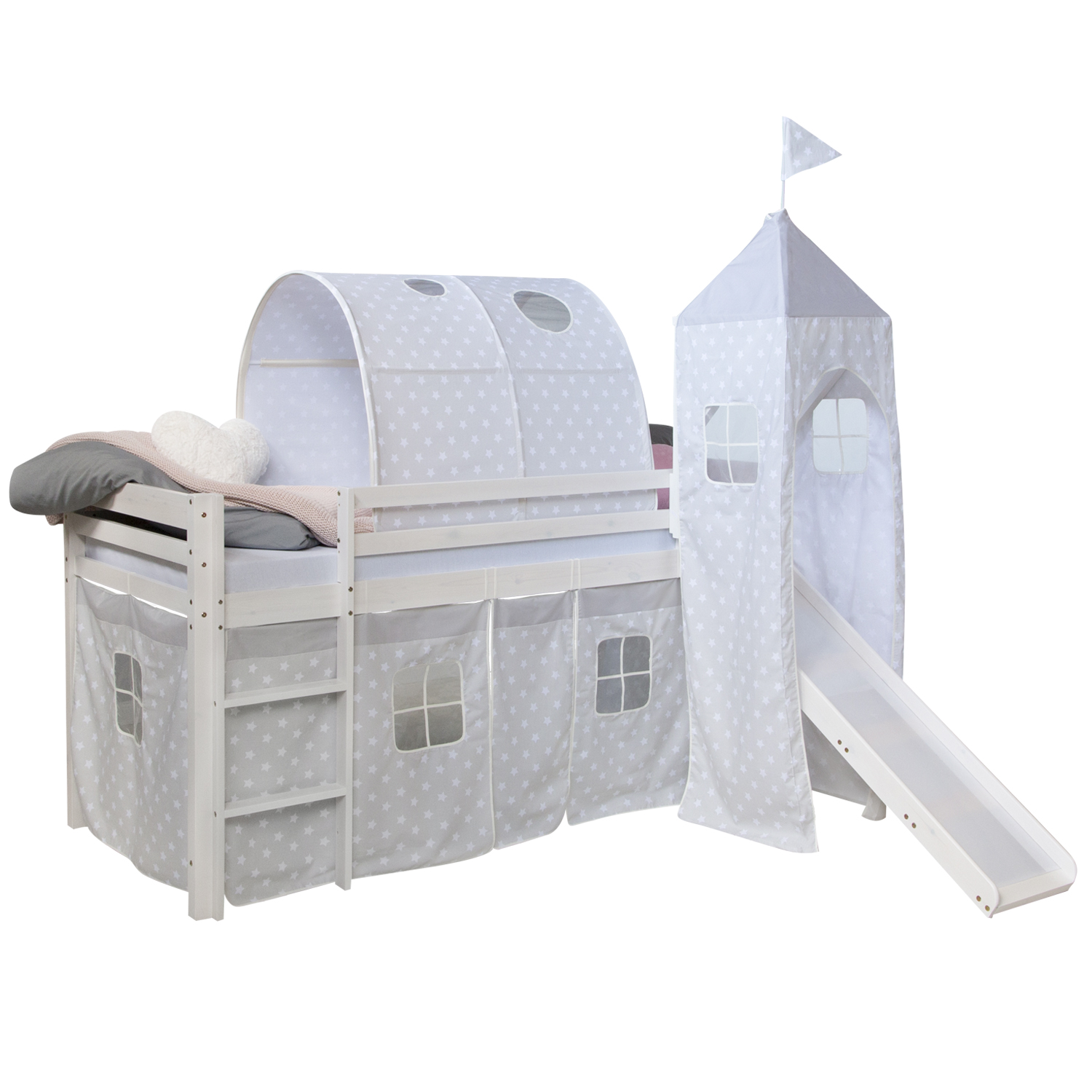 Loft Bed Kids 90x200 cm White with Curtain Stars | Tunnel | Tower | Slide | without Slatted Frame Loftbed 90x200 cm Bunk bed Childrens bed Solid Pine Wood Tower Tunnel Curtain Grey Stars Slide Mattress Slats