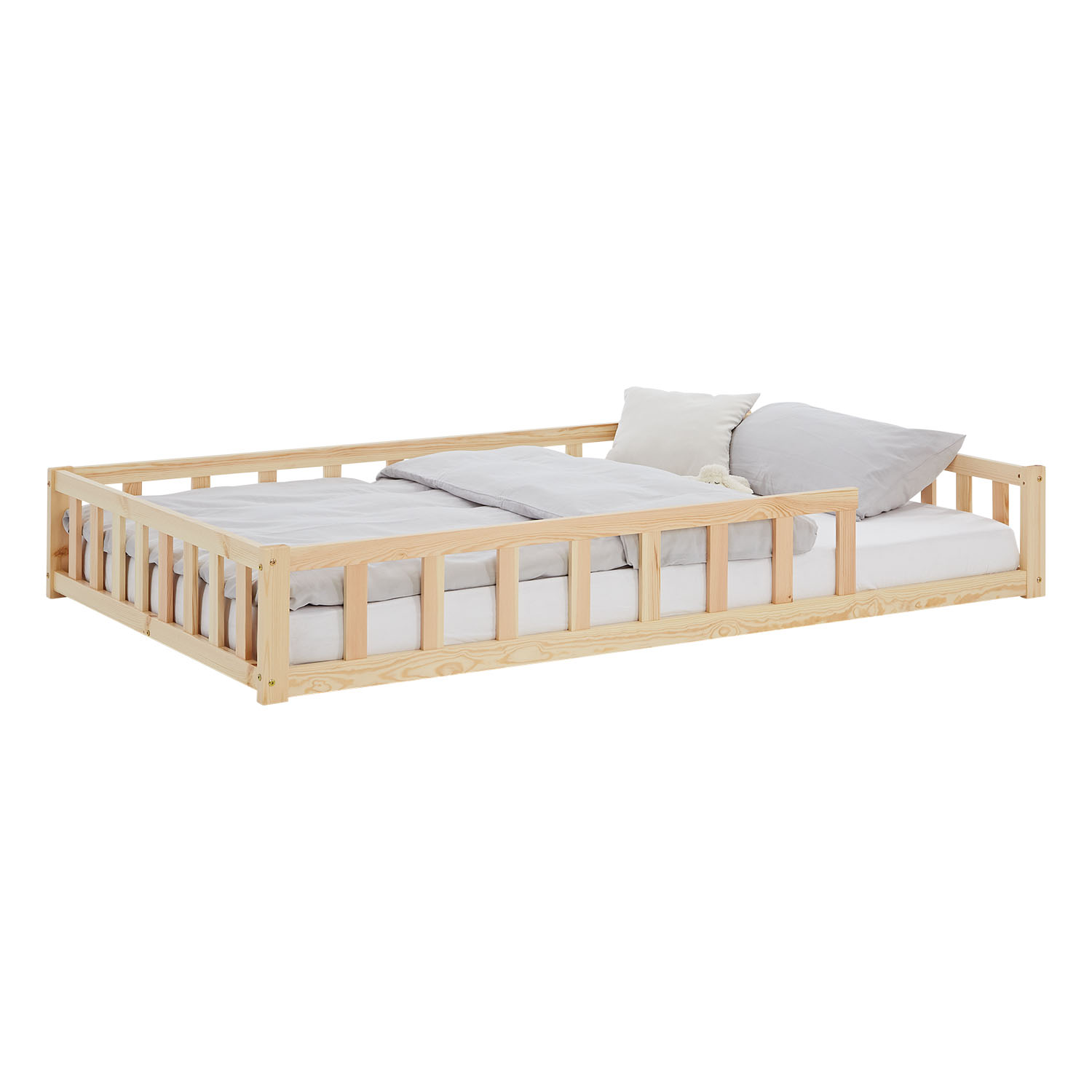 Children's Bed 120x200 Natural | Floor Bed with Mattress & Slatted Frame | with Fall Protection | Montessori