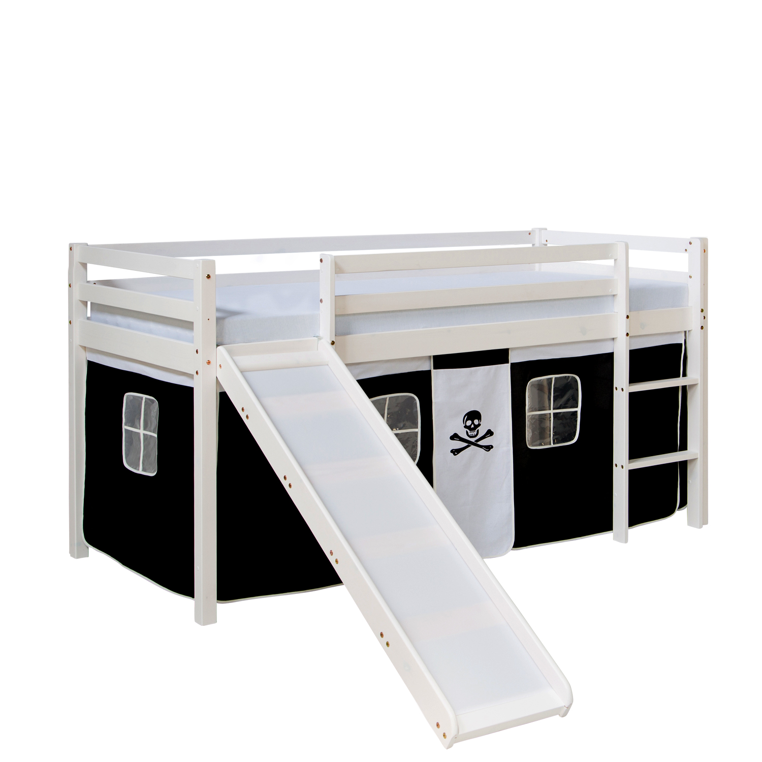 Loft Bed Kids 90x200 cm White with Curtain in Black | Slide | without Slatted Frame Loftbed 90x200 cm Bunk bed Childrens bed Solid Pine Wood Tower Tunnel Curtain Black Pirate Slide Mattress Slats