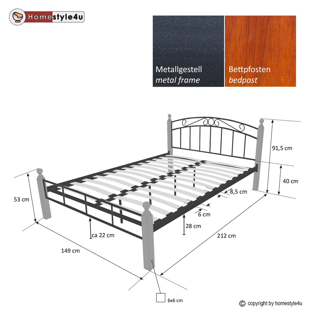 Design Iron Bed Double 180 x 200Wood Slatted black brown bed frame 916