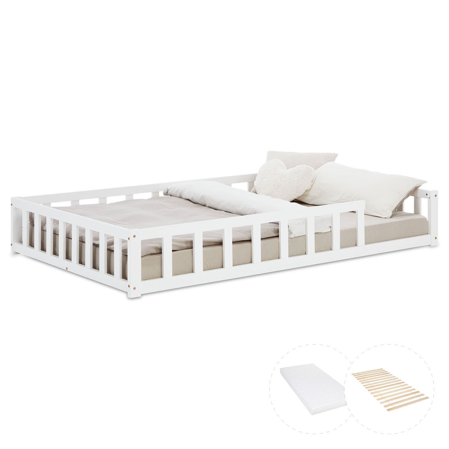 Children's Bed 120x200 White | Floor Bed with Mattress & Slatted Frame | with Fall Protection | Montessori
