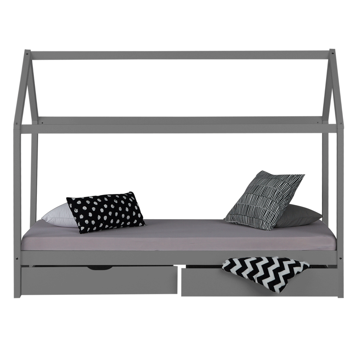 Kinderbett 90x200 cm Grau | Hausbett mit Bettkästen | Einzelbett | mit Lattenrost | Holz