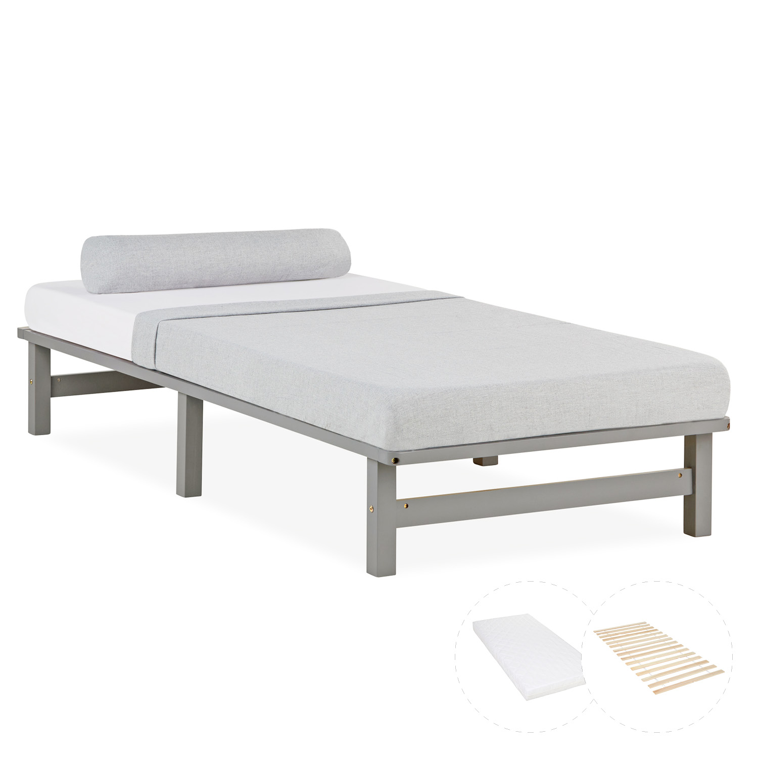 Pallet Bed 90x200 cm Grey | Single Bed with Mattress | with Slatted Frame | Wood | Kids Youth Guest Bedroom