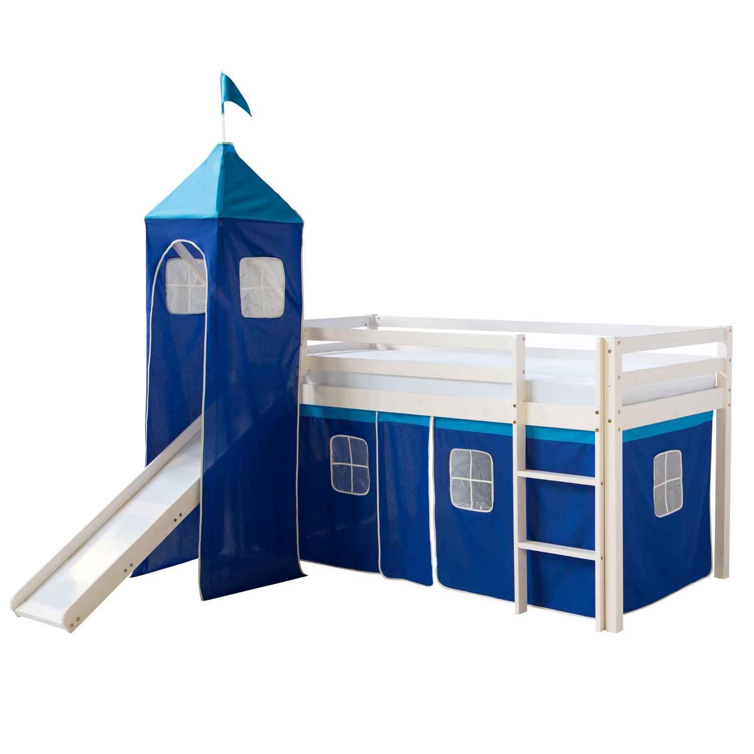 Loft Bed Kids 90x200 cm White with Curtain Blue | Tunnel | Tower | Slide | without Slatted Frame