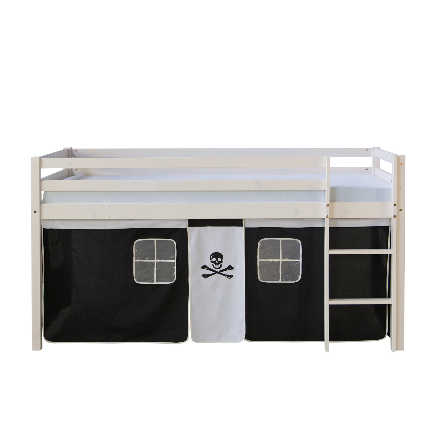 Loftbed 90x200 cm with Mattress Bunk bed Childrens bed Solid Pine Wood Slats Curtain Black Pirate