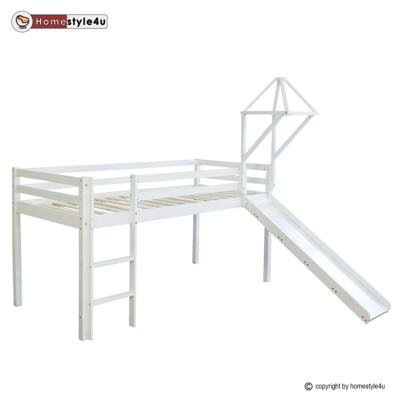 Lit Mezzanine Enfant 90x200 cm Blanc avec Rideau Rose | Tunnel | Tour | Toboggan | sans Sommier