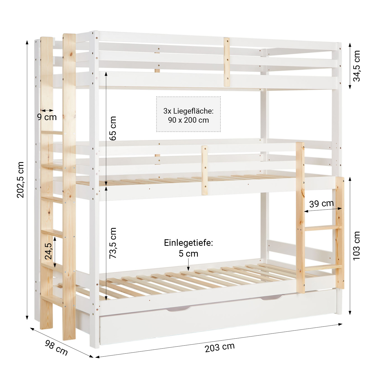 Etagenbett 3 Ebenen 90x200 cm Weiß | Leitern Natur | mit Bettkasten | mit Lattenrost