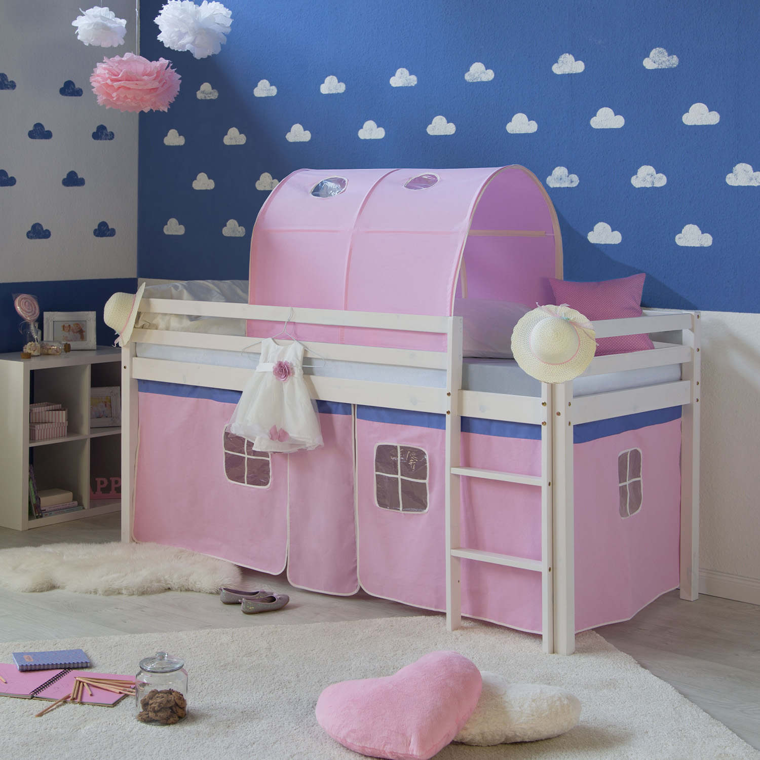 Loft Bed Kids 90x200 cm White with Curtain in Pink | Tunnel | with Slatted Frame Loft Bed Kids 90x200 cm White with Curtain in Pink | Tunnel | with Slatted Frame