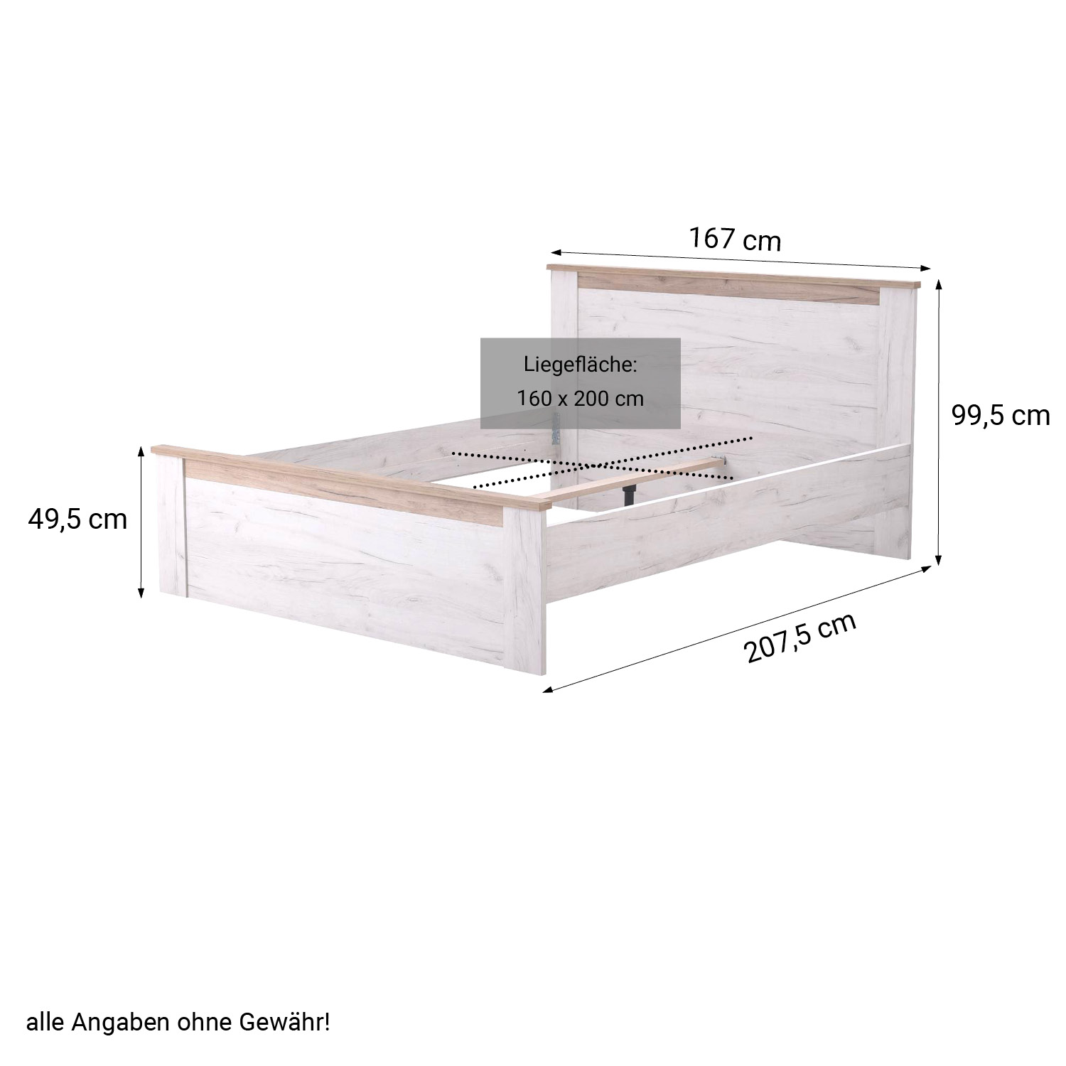 Lit en Bois Lit Double Cadre de Lit 160 x 200 cm Lit Adulte Sommier à Lattes Chêne Blanc Gris 