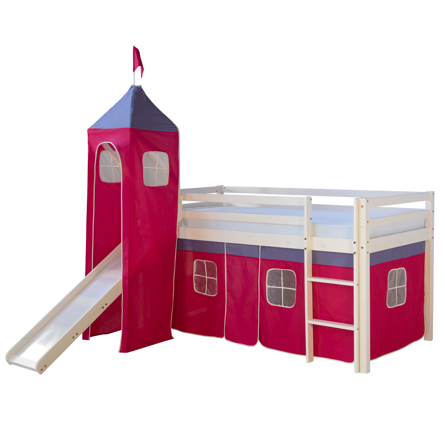 Loft Bed Kids 90x200 cm White with Curtain in Pink | Tower | Slide | without Slatted Frame Loftbed 90x200 cm Bunk bed Childrens bed Solid Pine Wood Tower Tunnel Curtain Pink Slide Mattress Slats