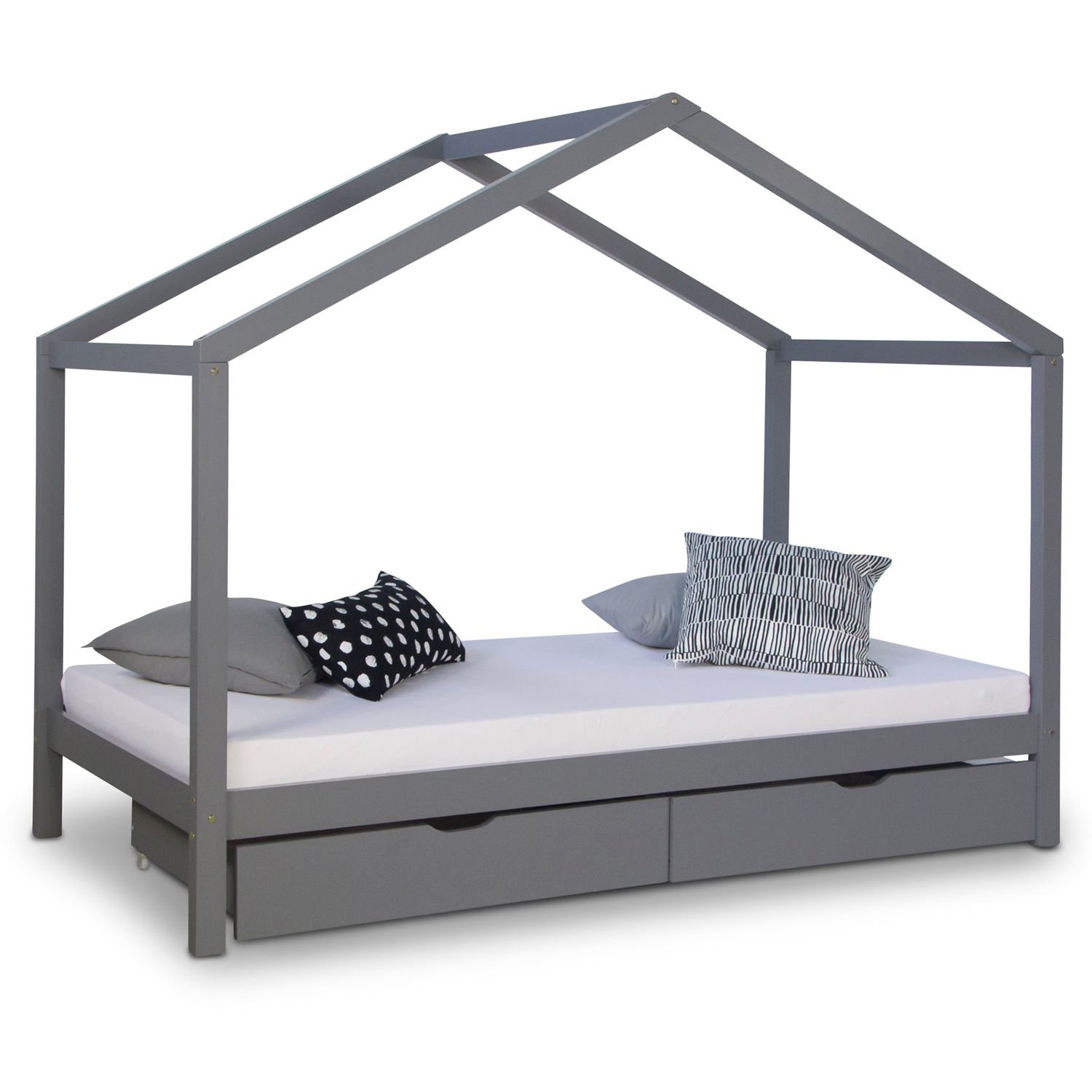 Children's Bed 90x200 cm Gray | House Bed with Drawers | Single Bed | with Slatted Frame | Wood