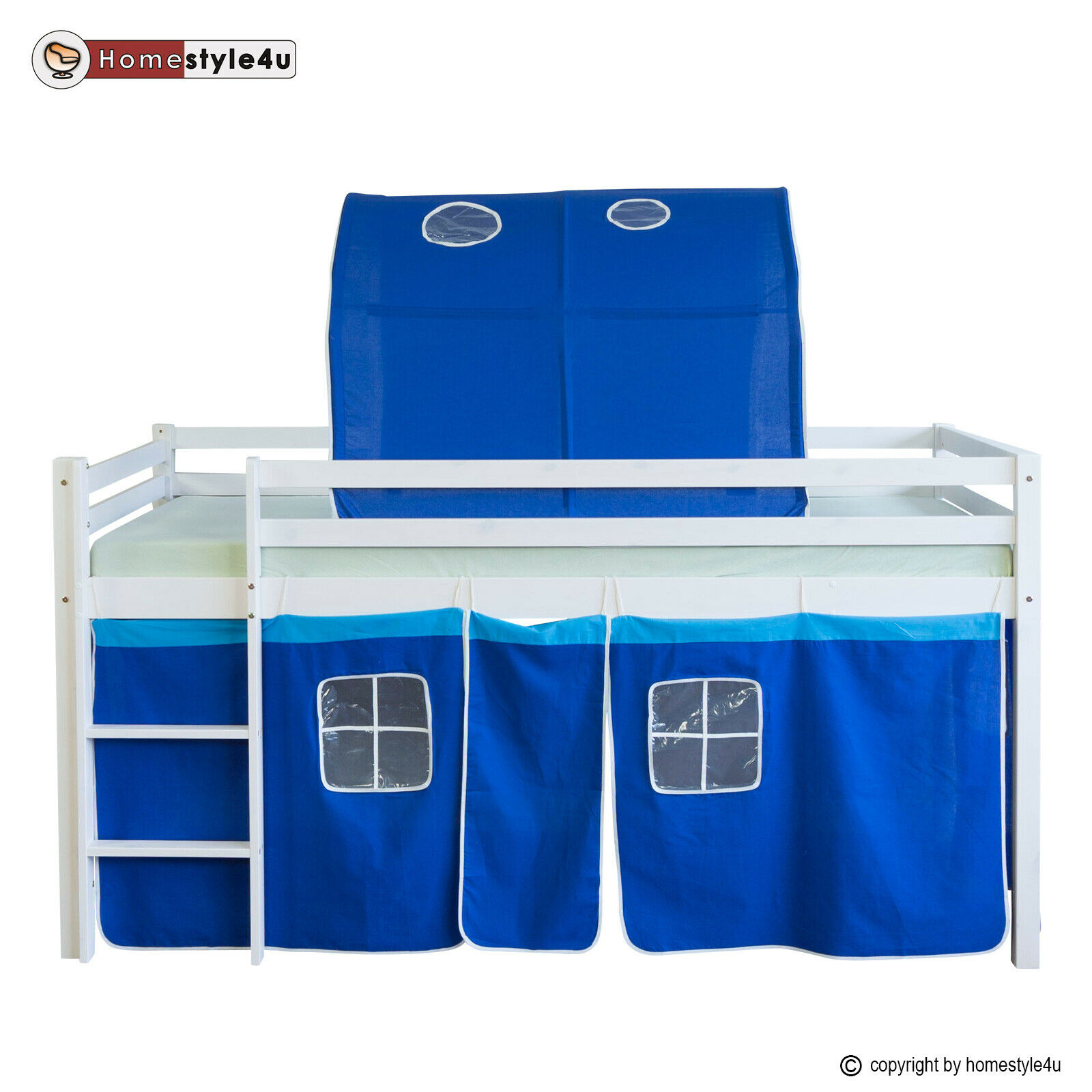 Loft Bed Kids 90x200 cm White with Curtain in Blue | Tunnel | without Slatted Frame Loft Bed Kids 90x200 cm White with Curtain in Blue | Tunnel | without Slatted Frame