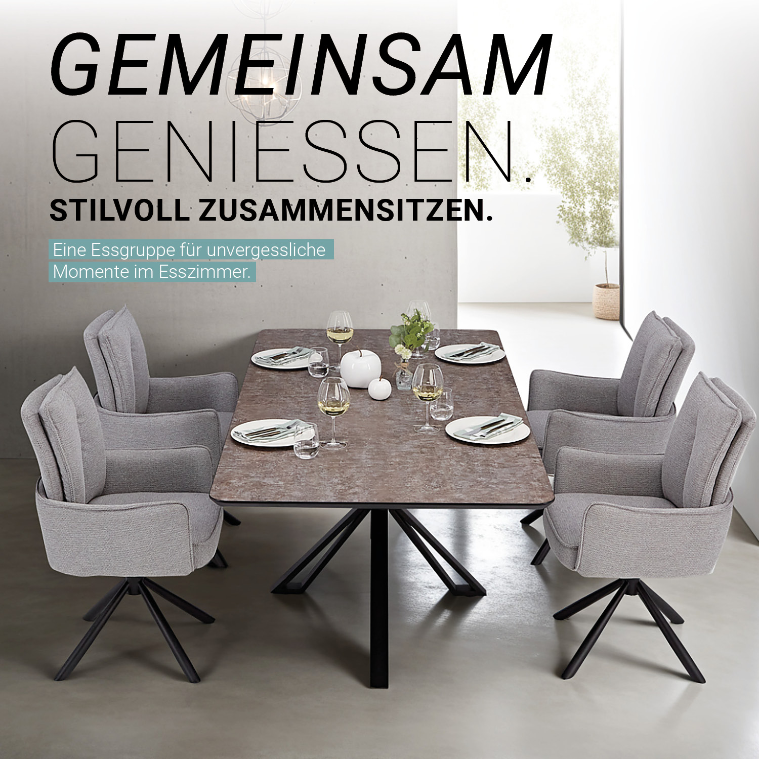 Esstisch mit 4 oder 6 Stühlen Set Essgruppe Polsterstühle Drehbar Grau Anthrazit Esszimmertisch 200x100 cm Metall