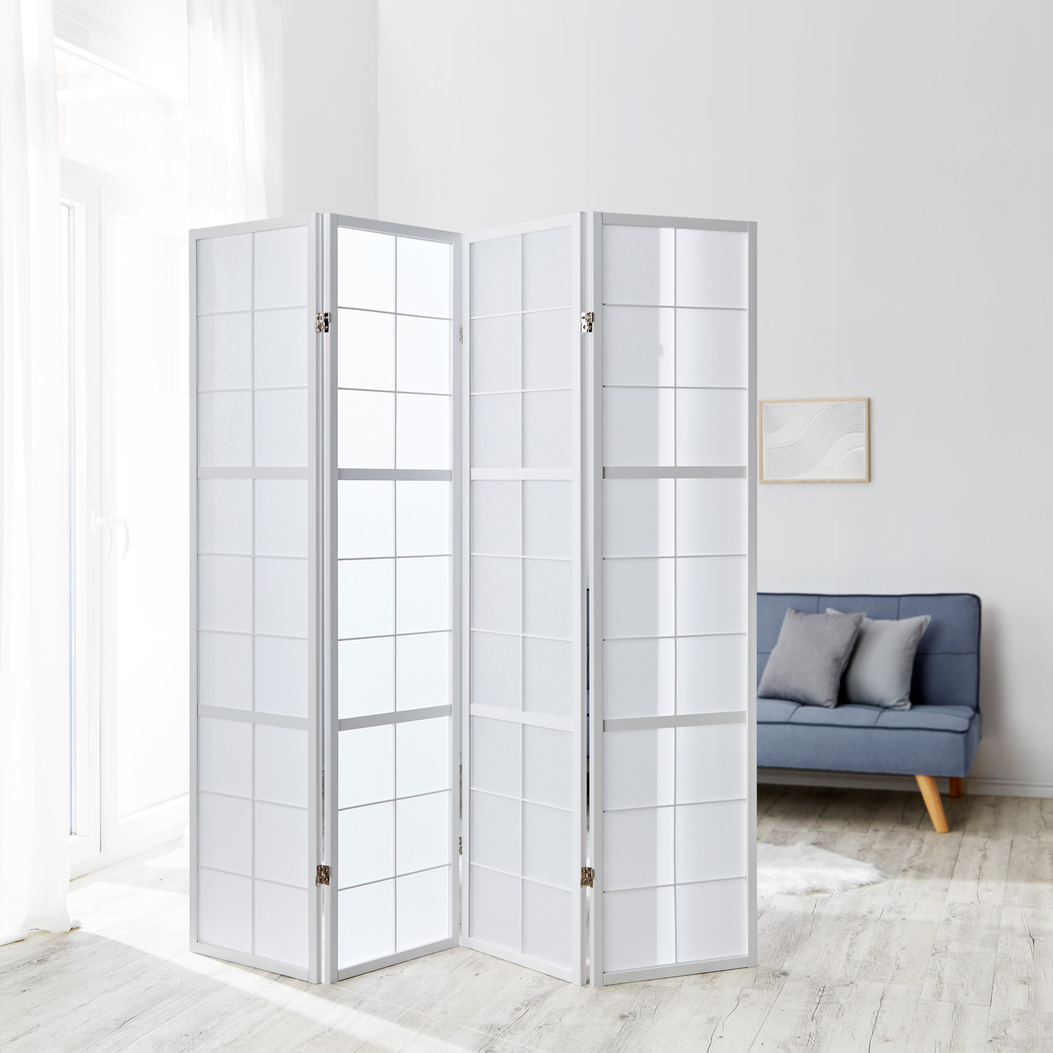 Paravent room divider 4 parts partition wall Shoji Foldable White