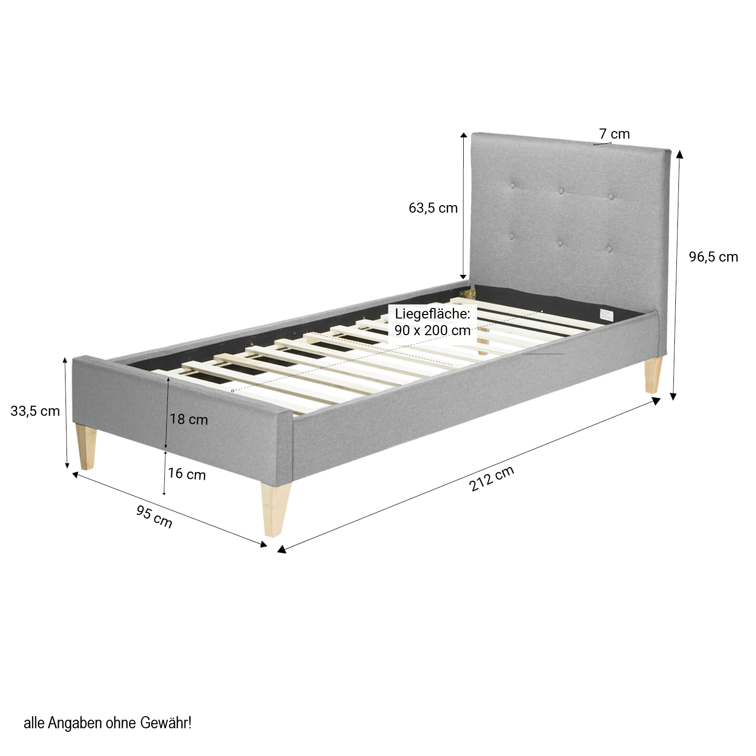 Upholstered Bed Frame Single Bed 90x200 Grey Platform Bed Fabric Headboard