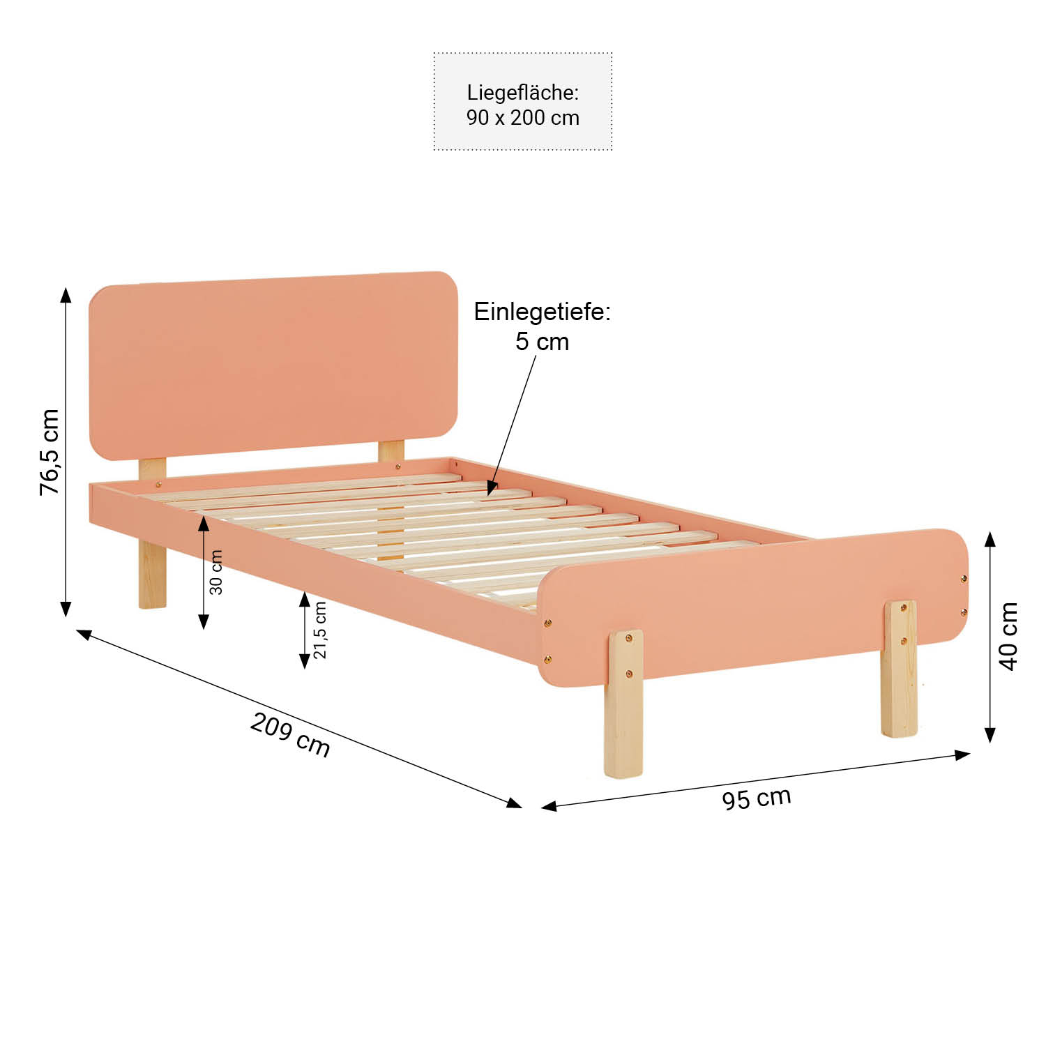 Single bed 90x200 cm Red Wooden Bed frame Kids bed Childrens bed Slatted frame Guest bed