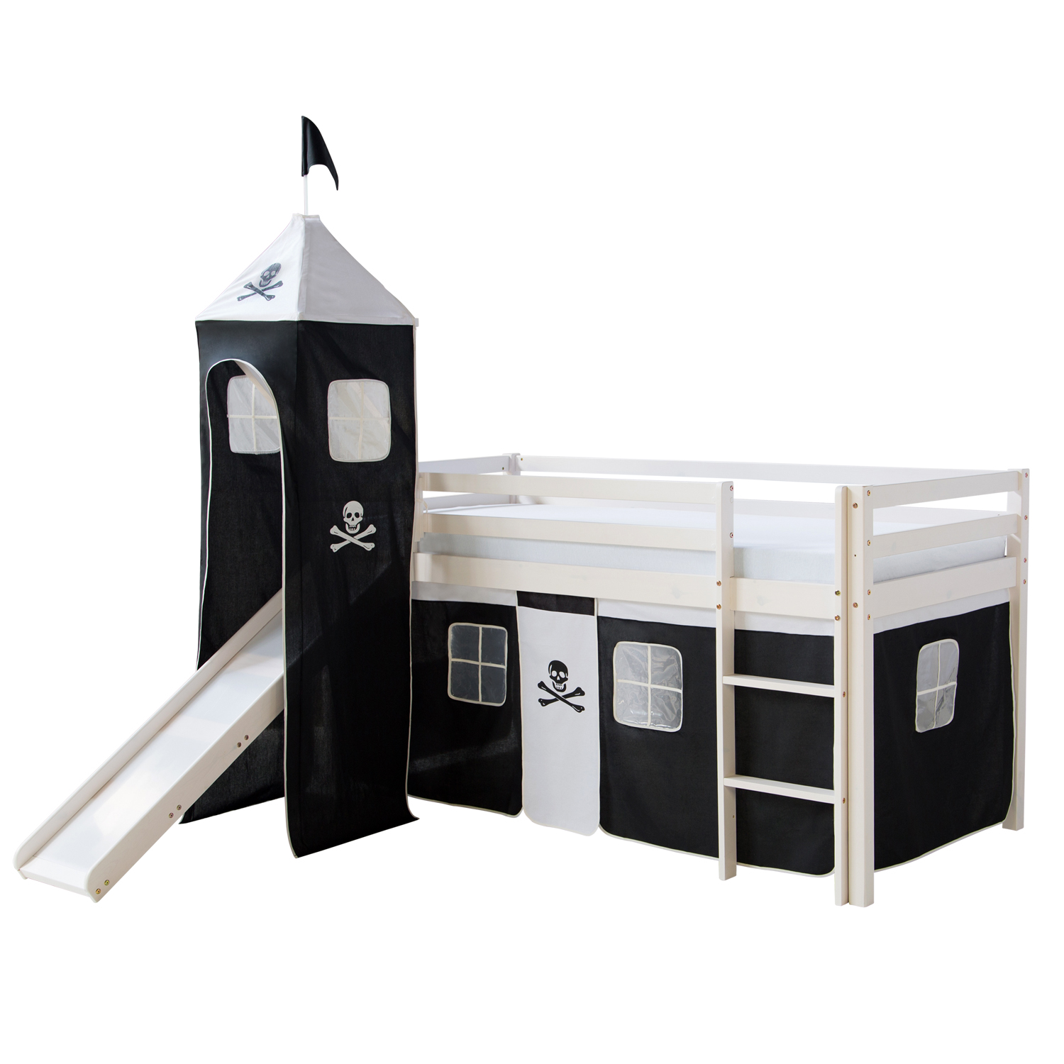 Loftbed 90x200 cm Bunk bed Childrens bed Solid Pine Wood Tower Tunnel Curtain Black Pirate Slide Mattress Slats