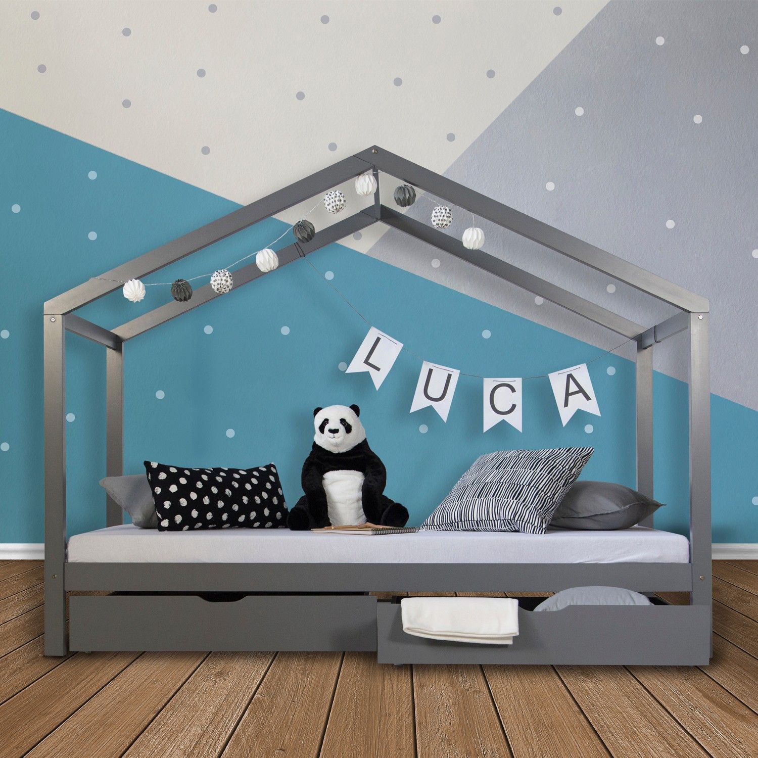 Children's Bed 90x200 cm Gray | House Bed with Drawers | Single Bed | with Slatted Frame | Wood