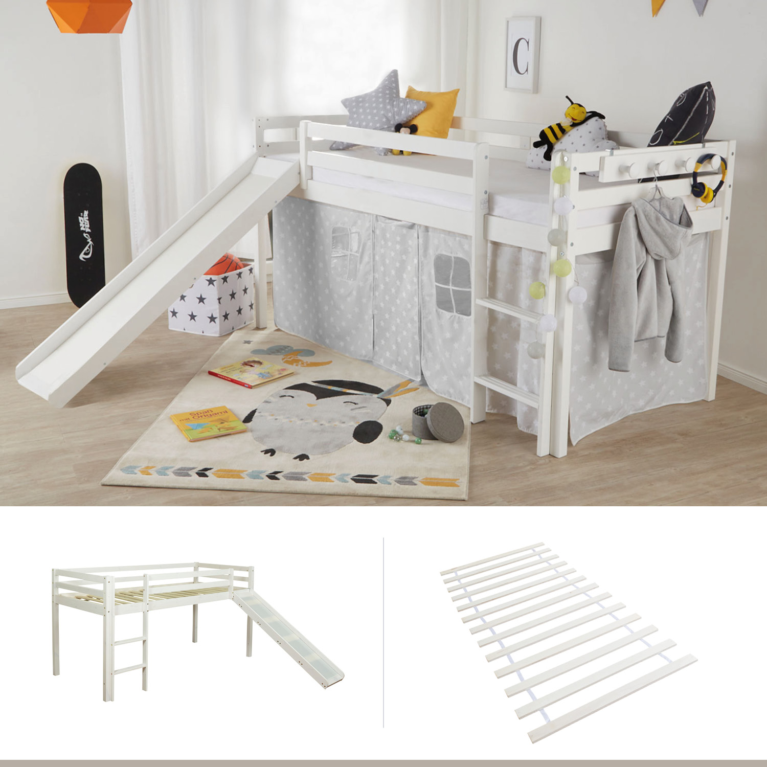 Loft Bed Kids 90x200 cm White Basic | Slide | with Slatted Frame Loft Bed Kids 90x200 cm White Basic | Slide | with Slatted Frame