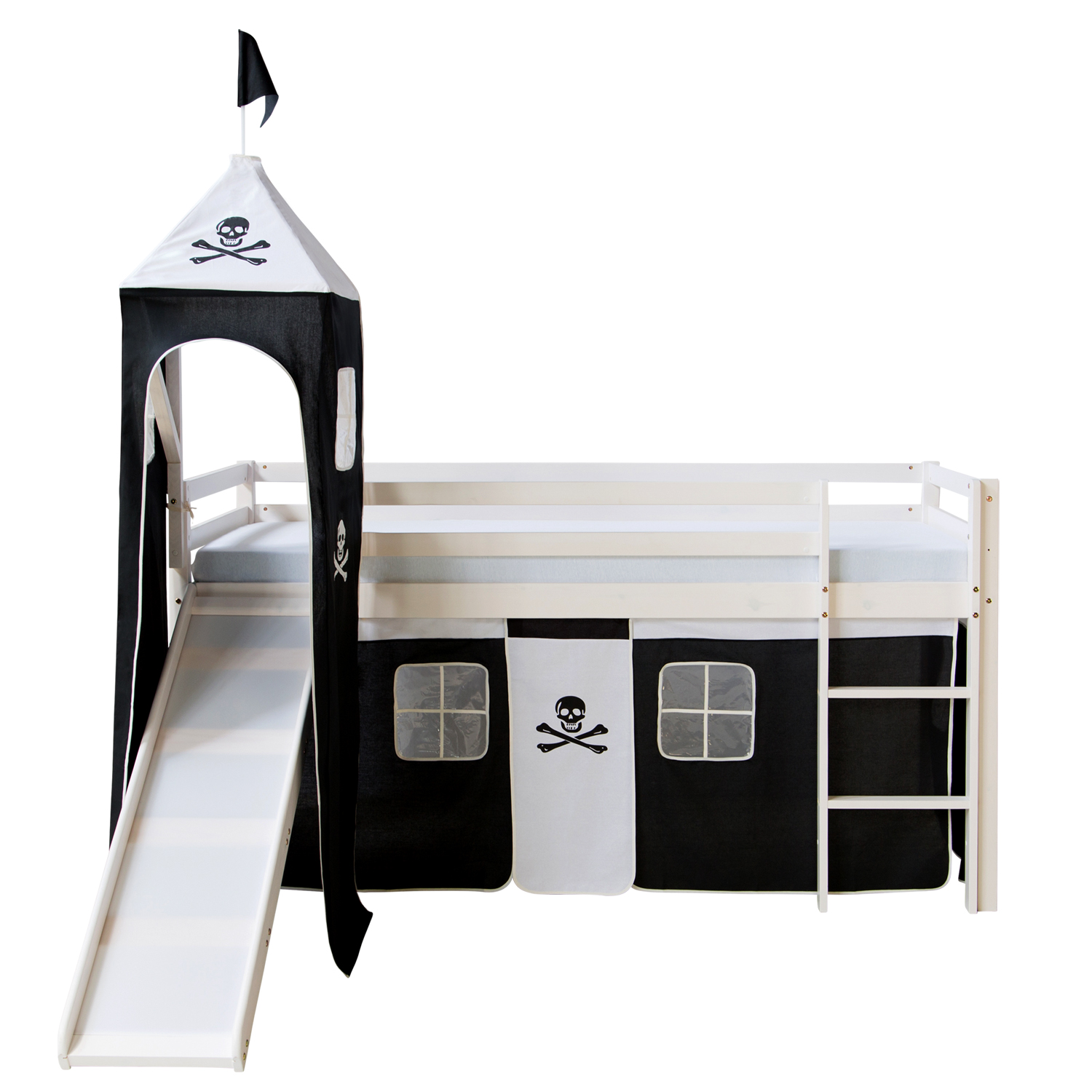 Lit Mezzanine Enfant 90x200 cm Blanc avec Rideau Noir | Tour | Toboggan | avec Sommier