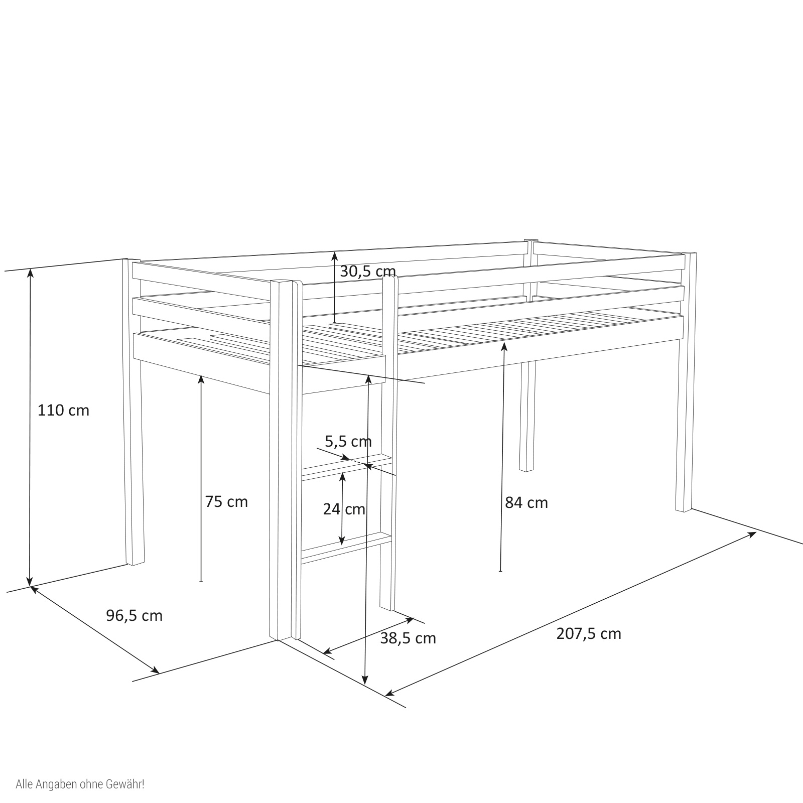 Lit Mezzanine Enfant 90x200 cm Blanc avec Rideau Rose | Tunnel | avec Sommier