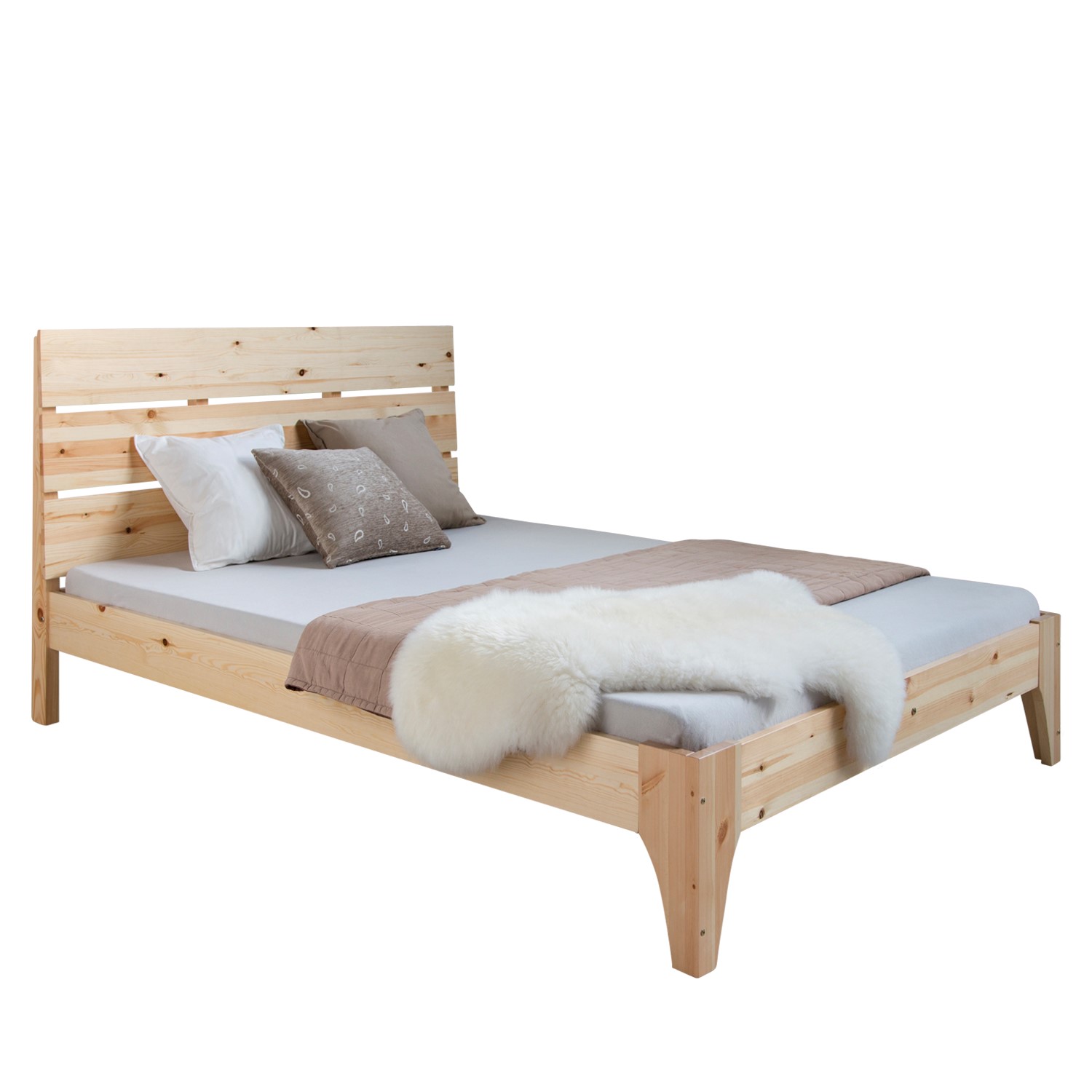 Wood Bed 140x200 cm Natural | Double Bed | with Slatted Frame | Scandinavian Style | Kids Youth Guest Bedroom