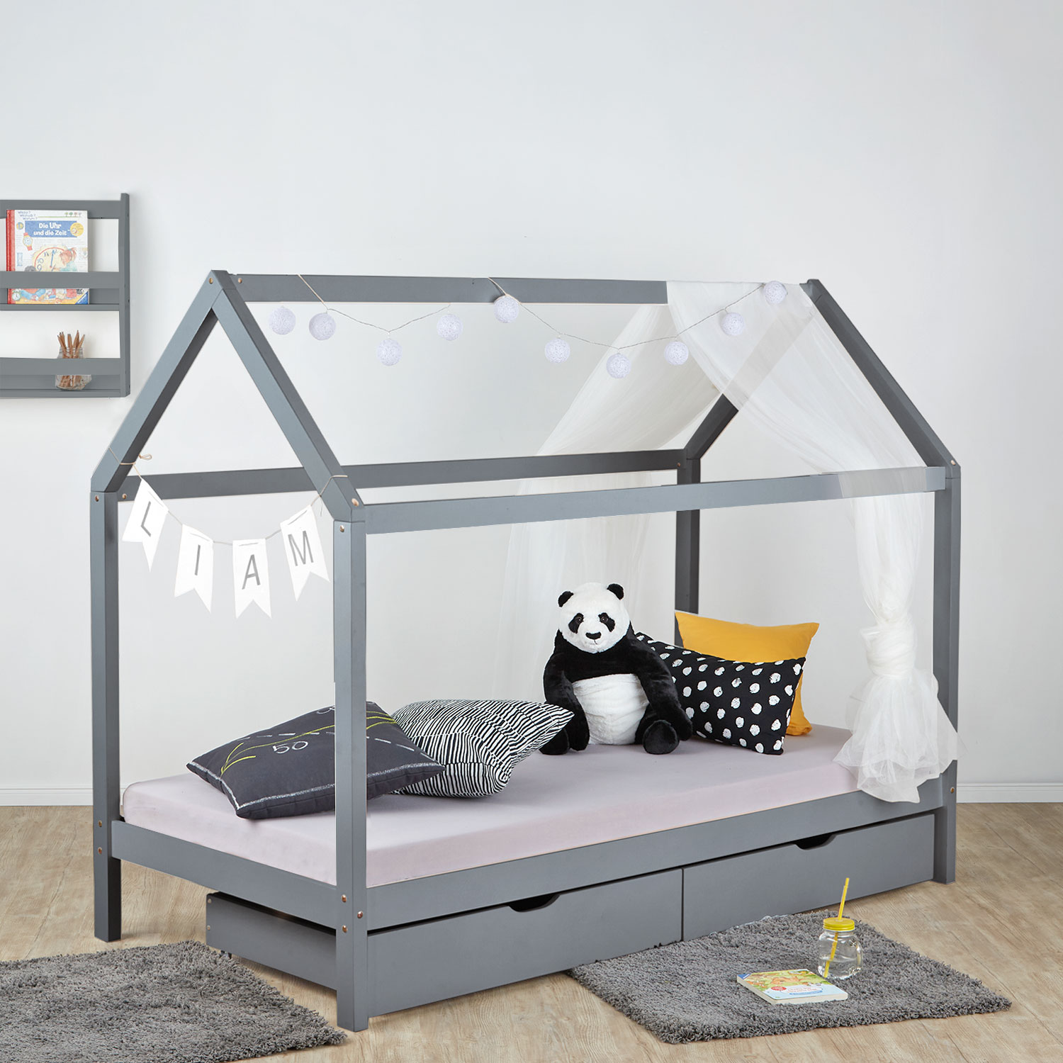 Lit Enfant 90x200 cm Gris | Lit Cabane avec Tiroirs | Lit Simple | avec Sommier | Bois