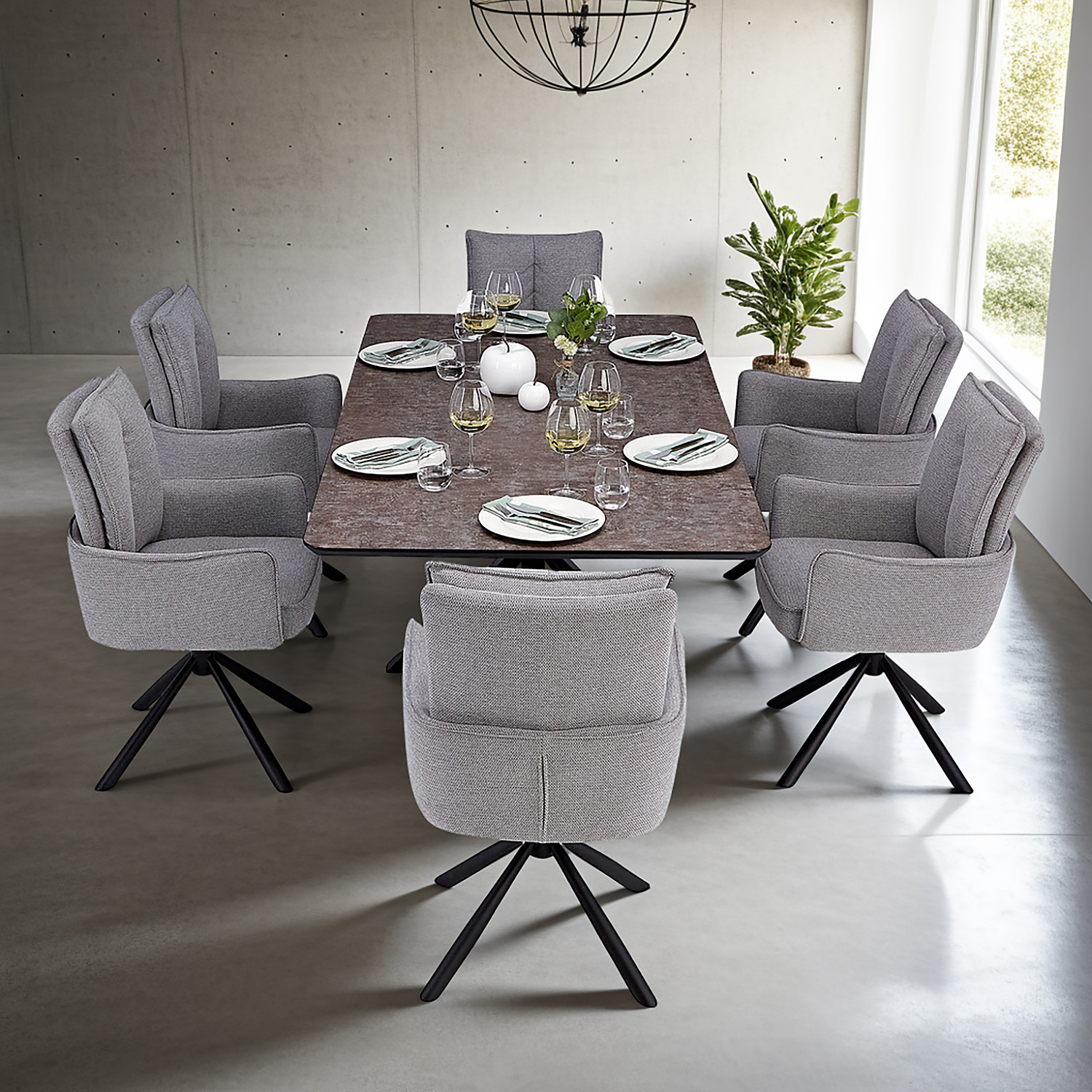 Modern Dining Table 200x100 cm Brown Black with 6 Grey Fabric Chairs Dining Room Table 8 Seater Industrial Look