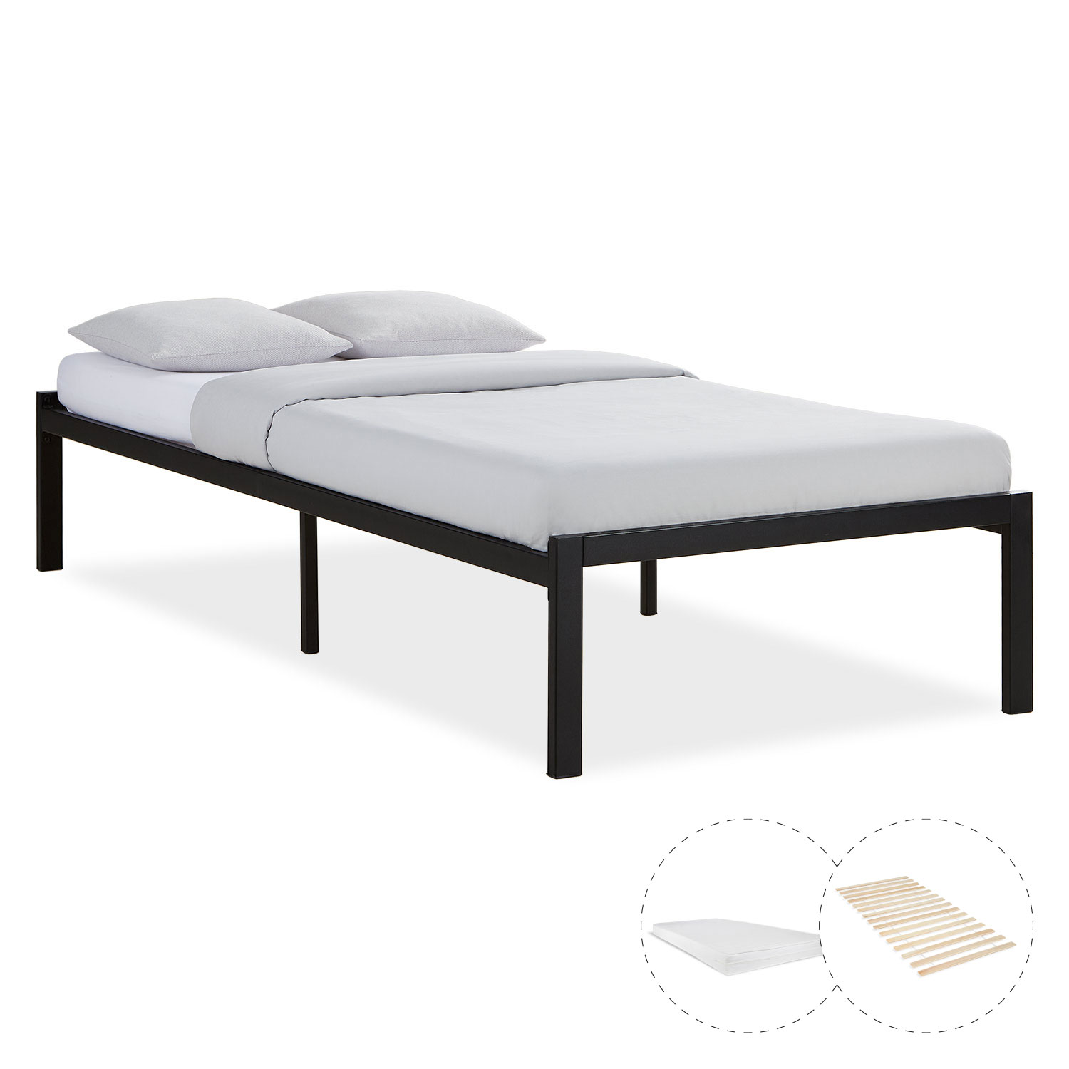 Lit Métal avec Matelas 90x200 cm Cadre de Lit Massif Simple Lit Futon Sommier à Lattes