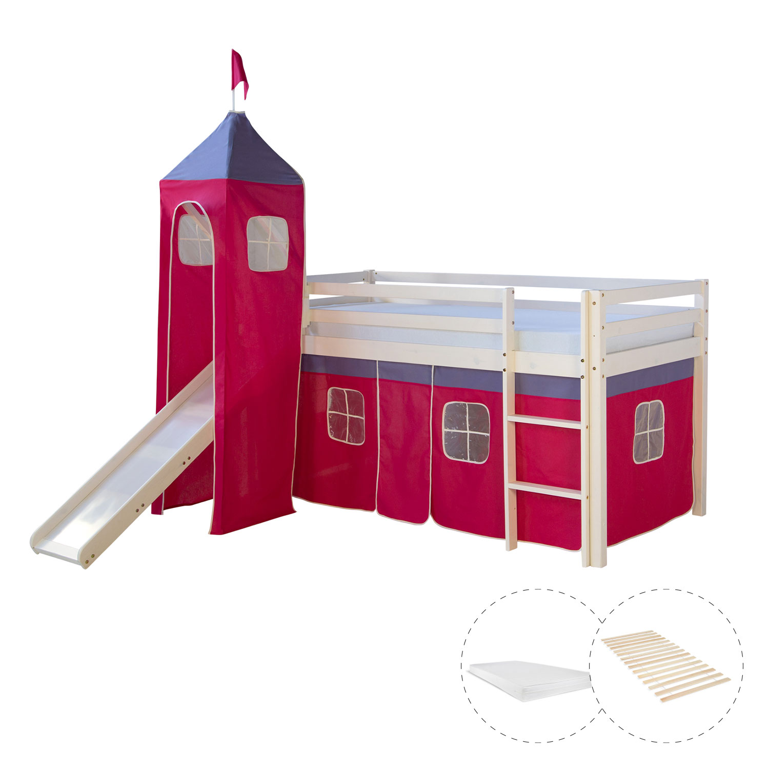 Loftbed 90x200 cm with Tower Slide Mattress Bunk bed Childrens bed Solid Pine Wood Slats Curtain Pink Loftbed 90x200 cm with Tower Slide Mattress Bunk bed Childrens bed Solid Pine Wood Slats Curtain Pink