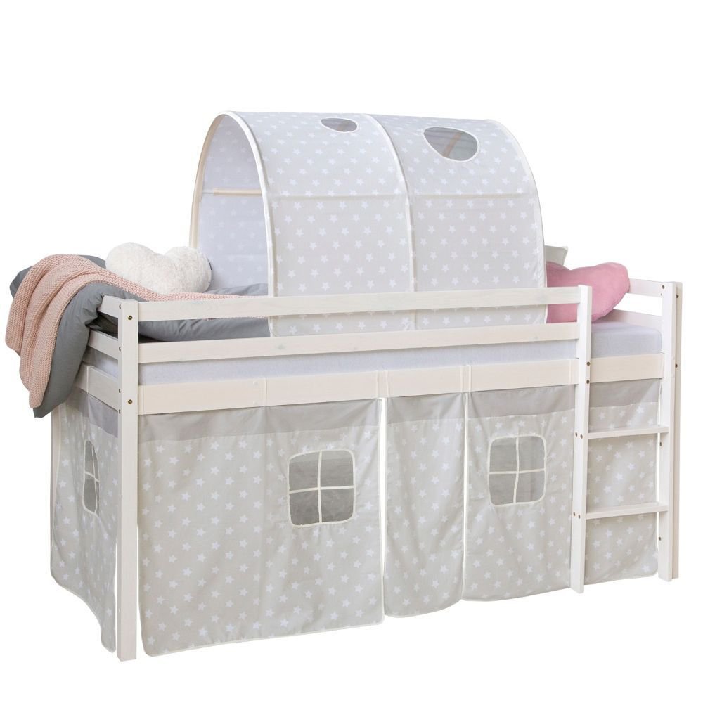 Loft Bed Kids 90x200 cm White with Curtain Stars | Tunnel | without Slatted Frame Loft Bed Kids 90x200 cm White with Curtain Stars | Tunnel | without Slatted Frame