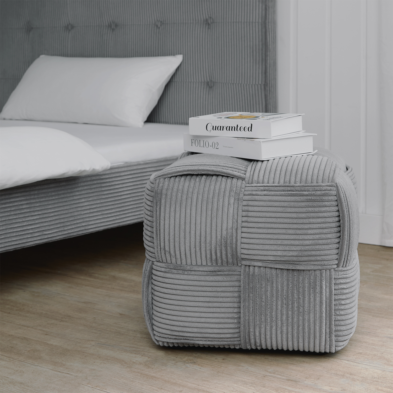 Pouf Tabouret rembourré Tissu Cordon Gris Pouf Salon Repose Pieds Siège Pouf carré Repose Jambes