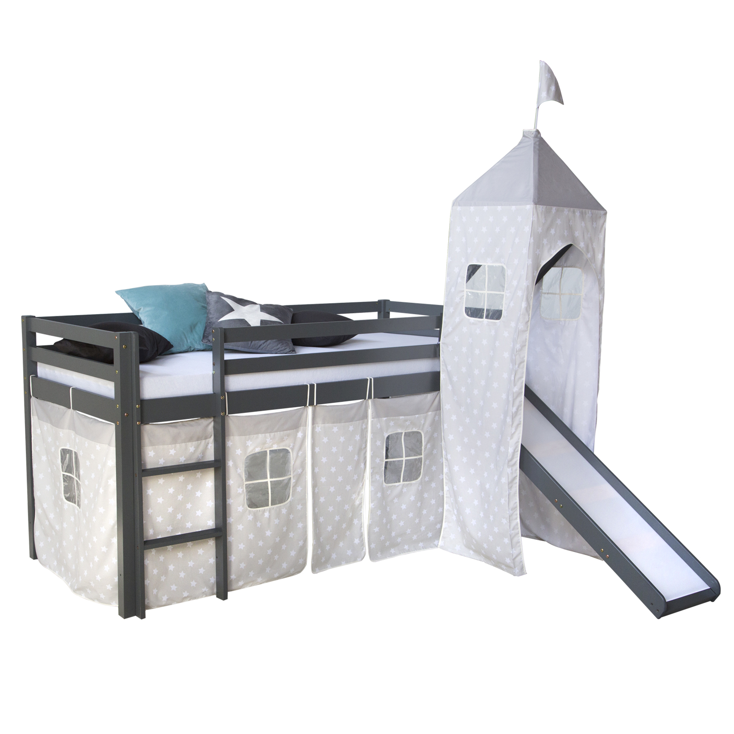 Childrenbed Slide Tower Solid Pine Curtain grey stars 90x200