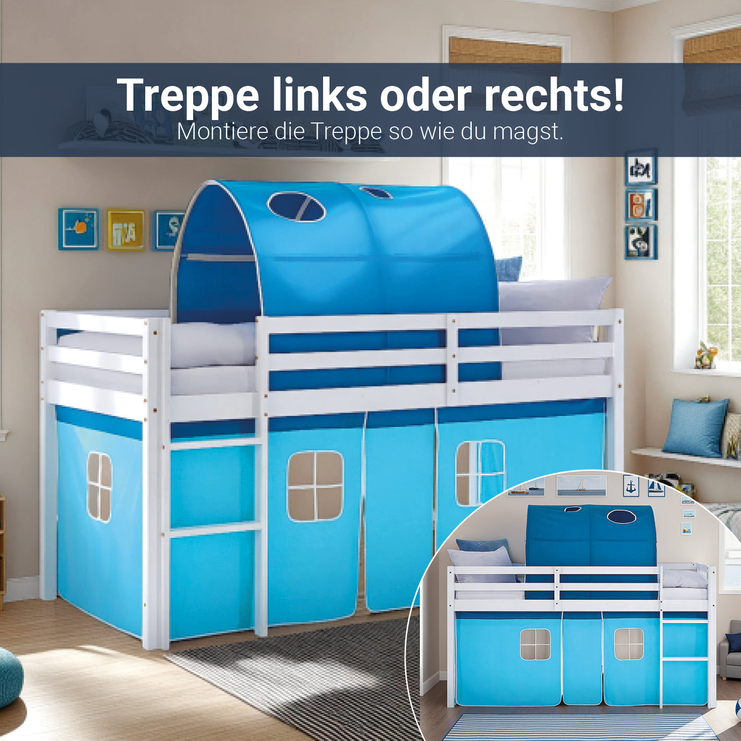 Hochbett Kinder 90x200 cm Kinderbett Kinderhochbett Stockbett Tunnel Vorhang Turm Blau Rutsche Holz Massiv Lattenrost Matratze
